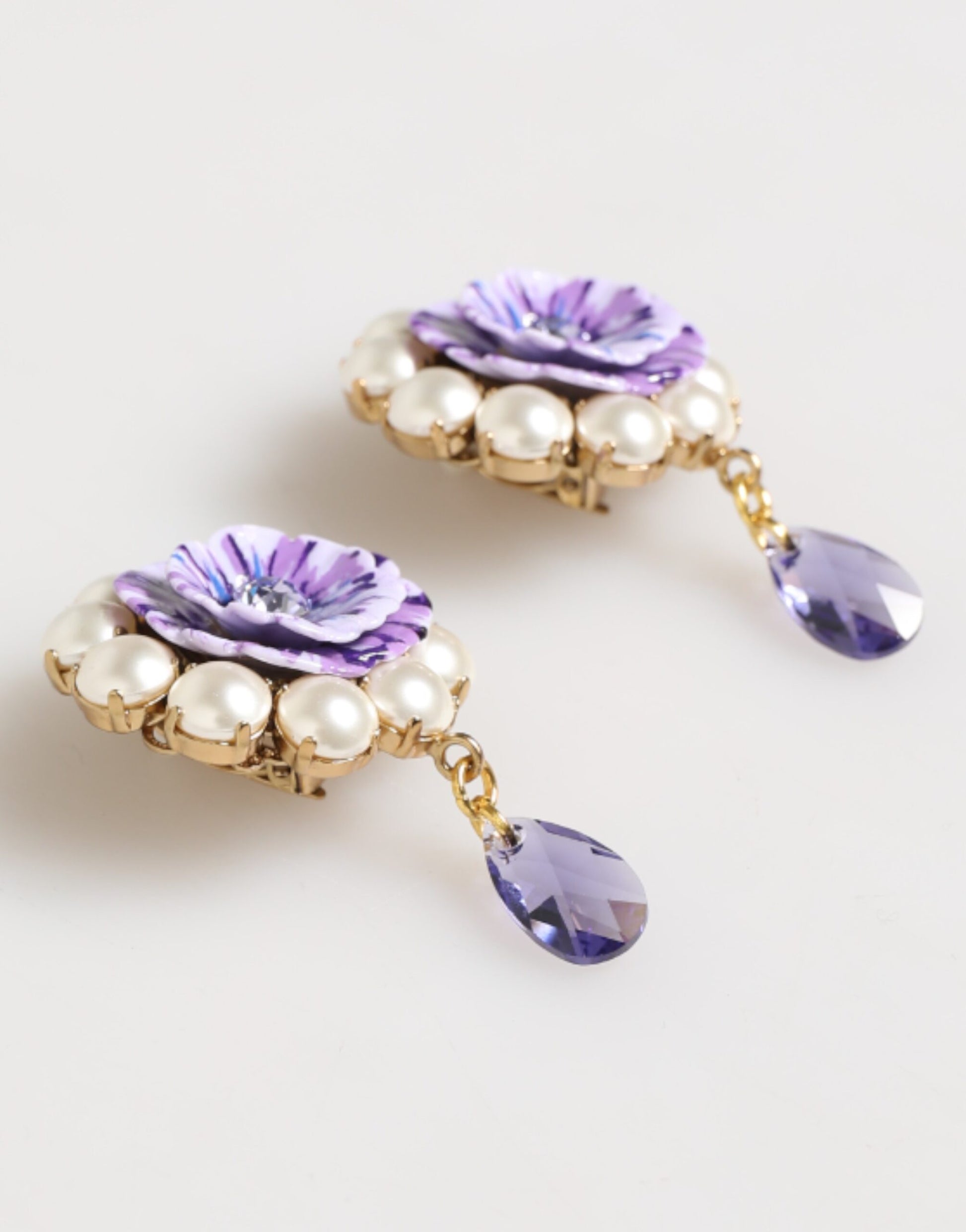 Purple Floral Crystal Pearl Drop Clip-On Statement Earrings