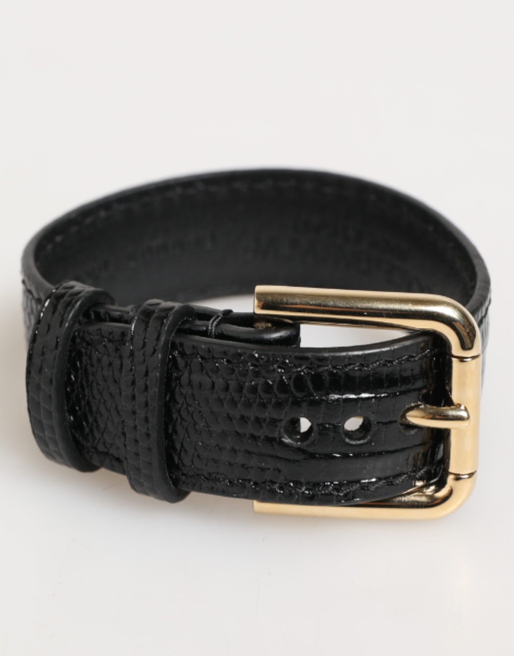 Black Embossed Leather Gold Buckle Belt Strap Bracelet
