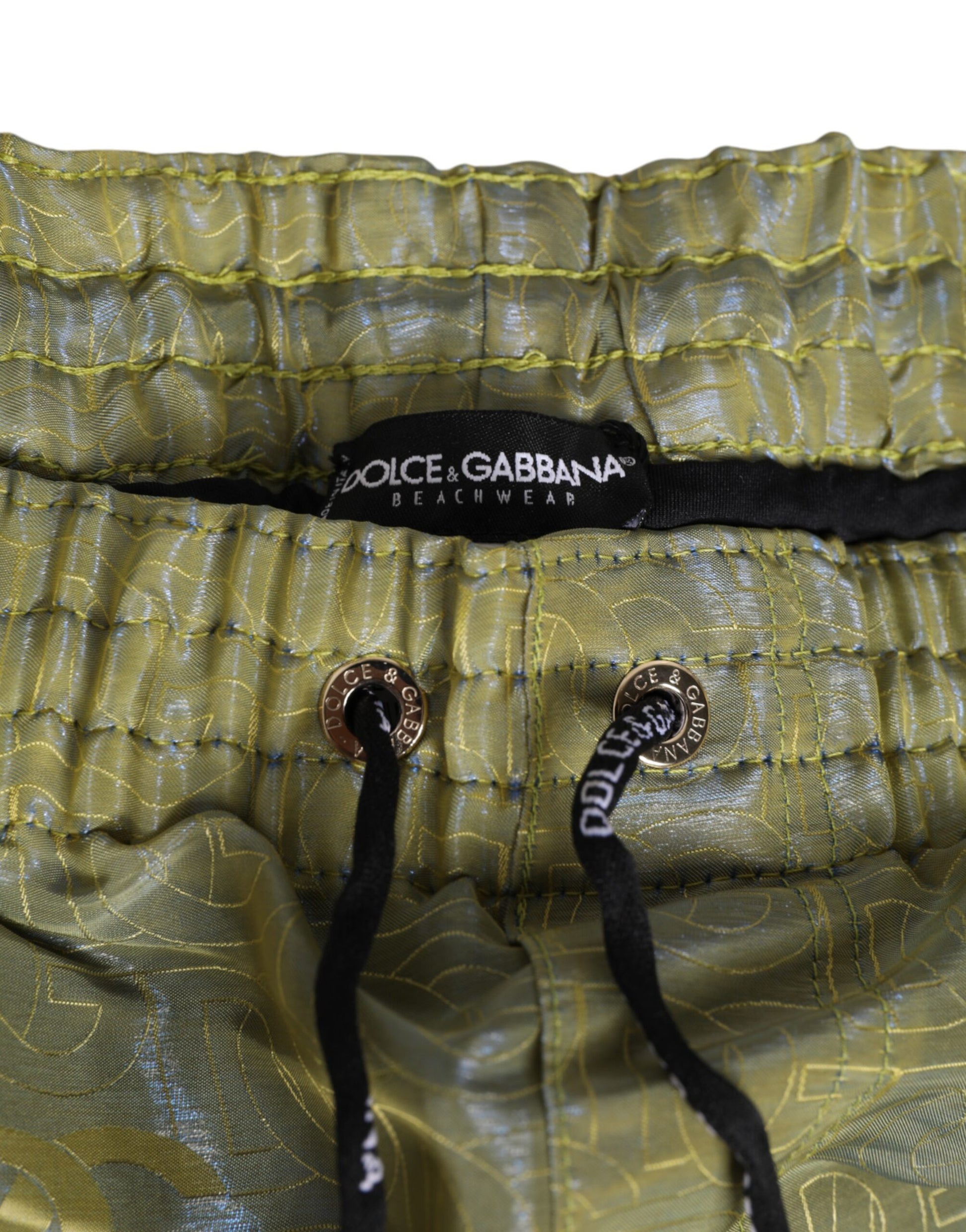 Green Polyester Metallic Logo Print Men Swimwear