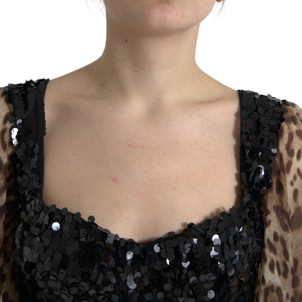 Leopard Print Silk Sequin Ruffle Maxi Dress
