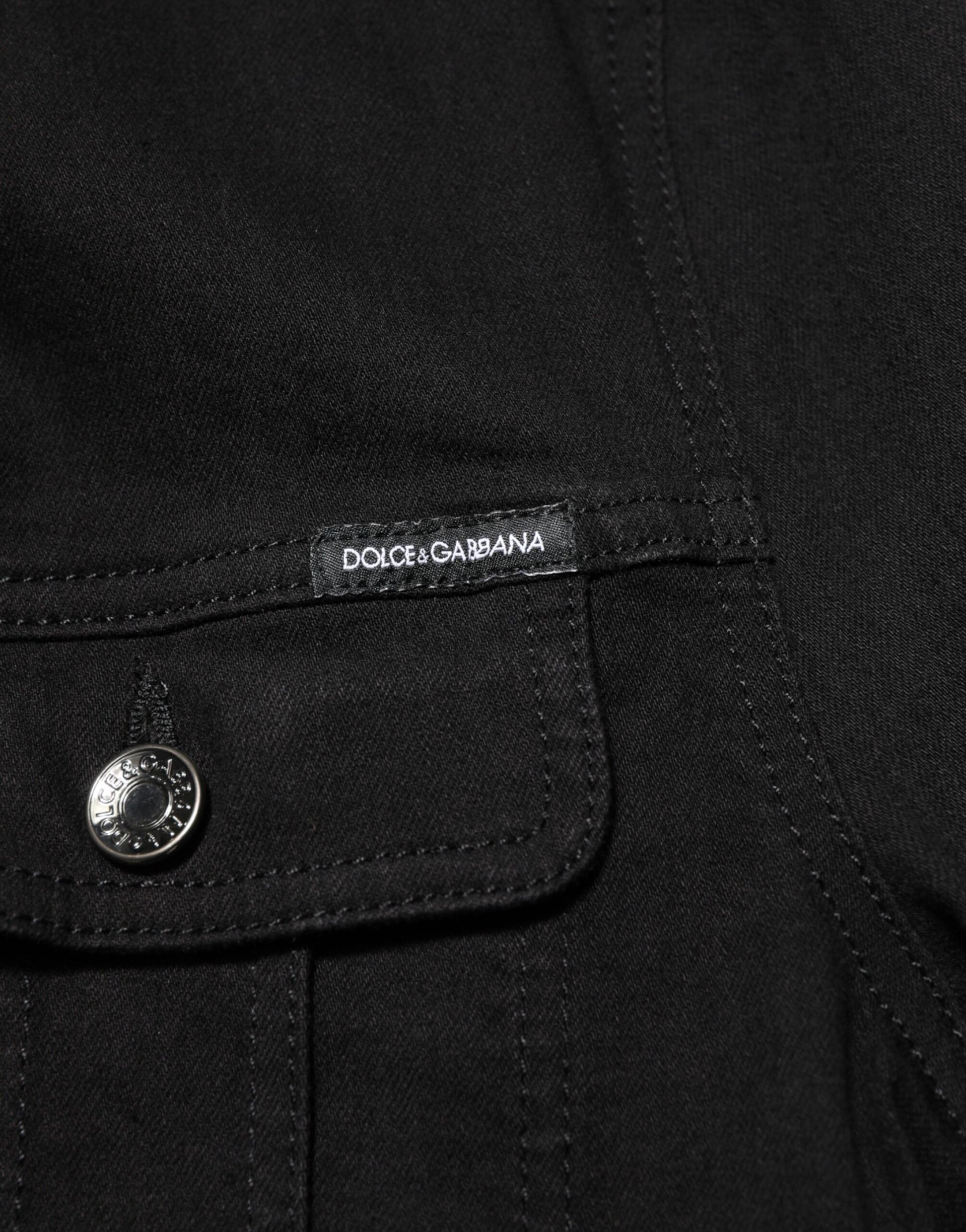 Black Cotton Denim Stretch Button Up Jacket