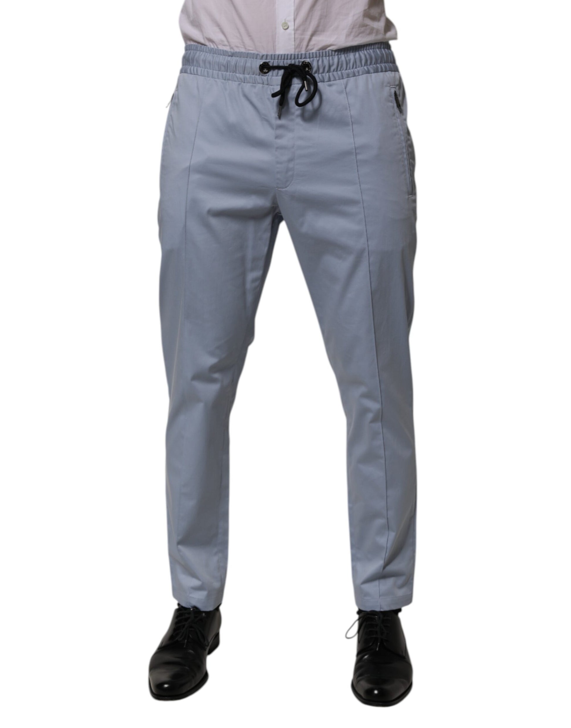 Light Blue Cotton Drawstring Elastic Waist Men Pants