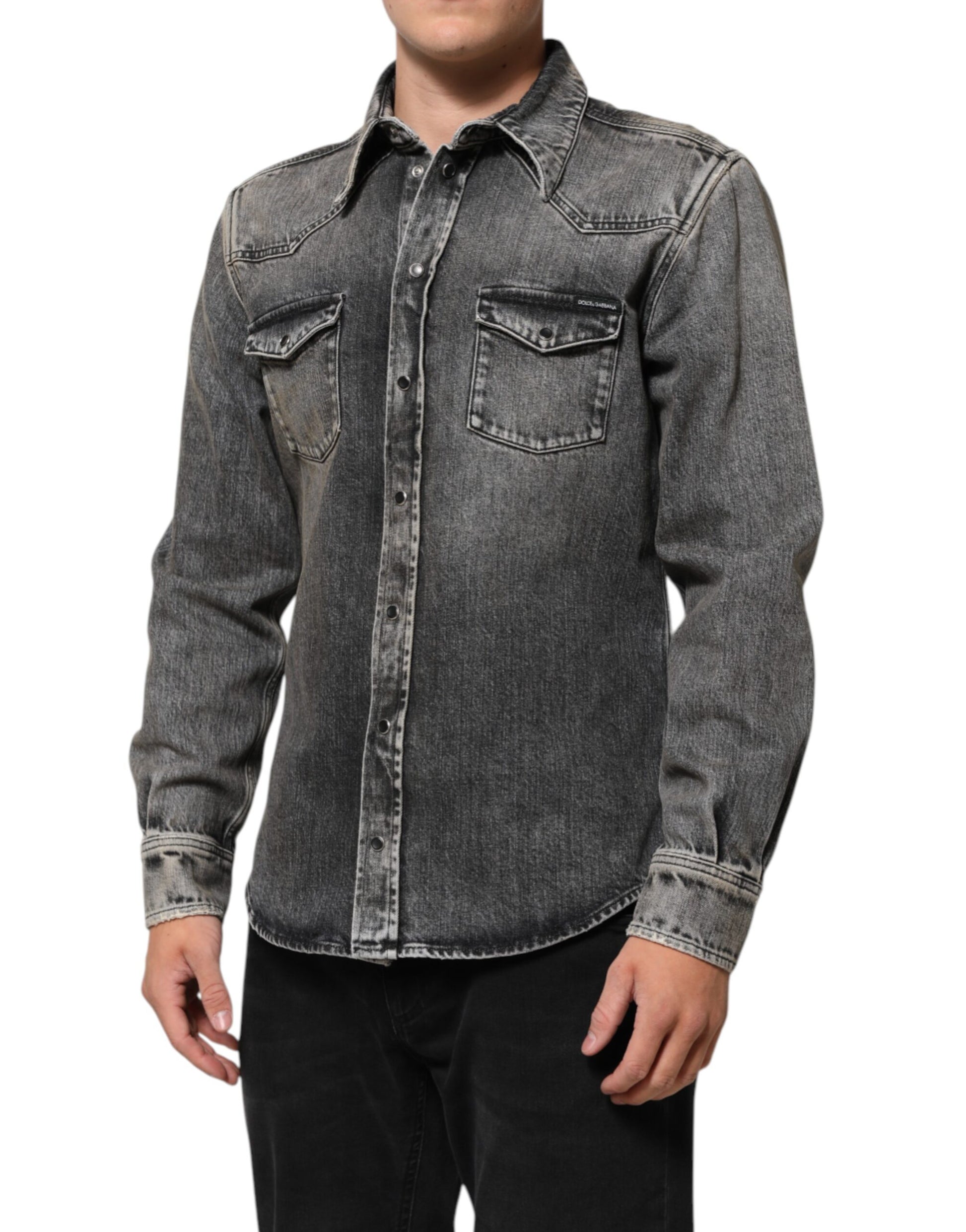 Black Washed Cotton Snap Long Sleeve Casual Shirt