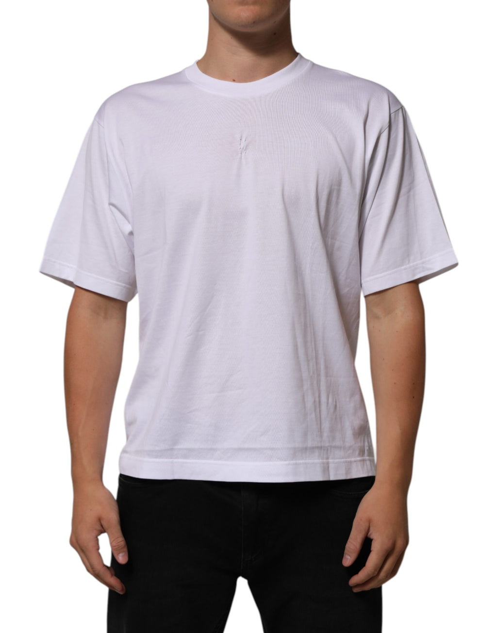White Cotton Logo Patch Crew Neck Men T-shirt