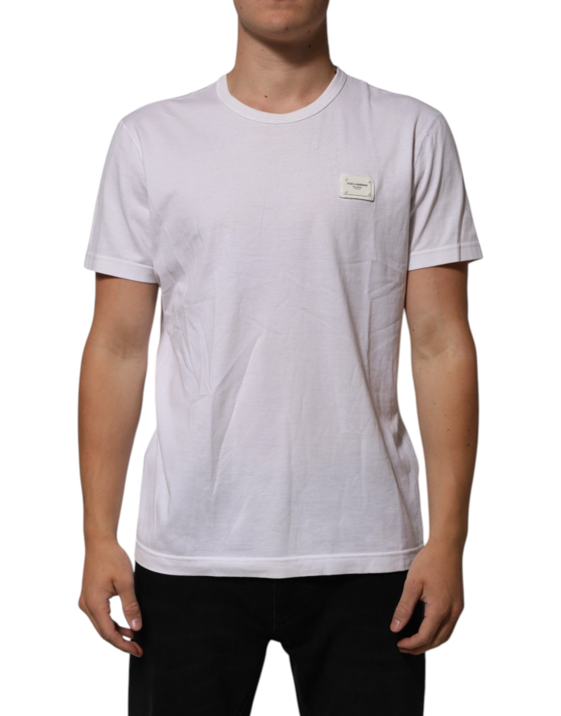 White Cotton Logo Patch Crew Neck Men T-shirt