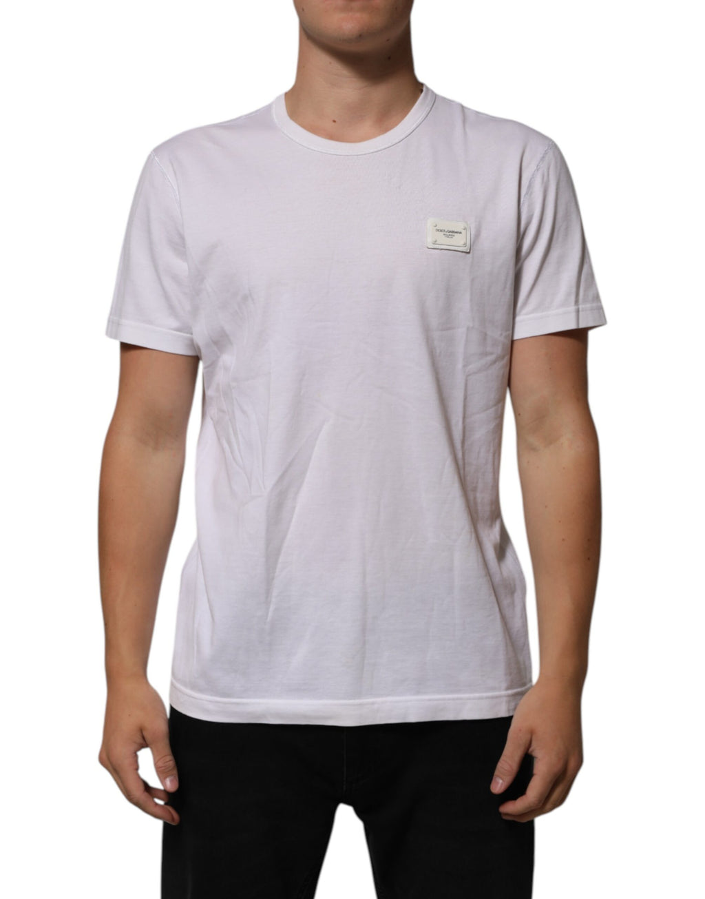 White Cotton Logo Patch Crew Neck Men T-shirt