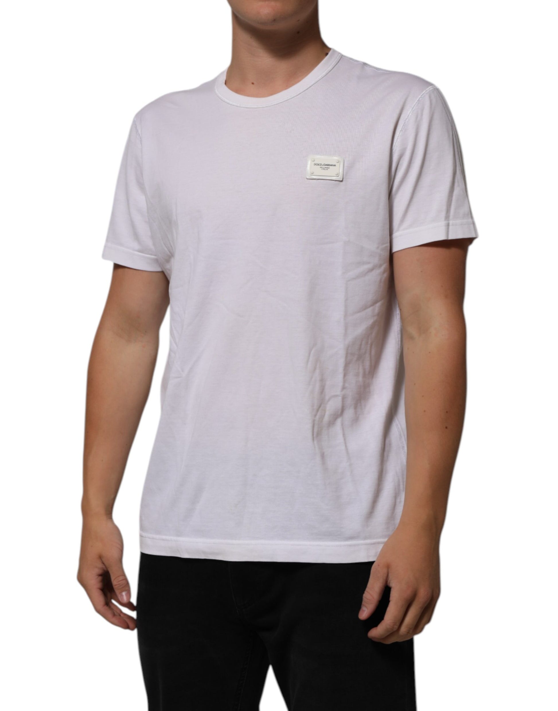 White Cotton Logo Patch Crew Neck Men T-shirt