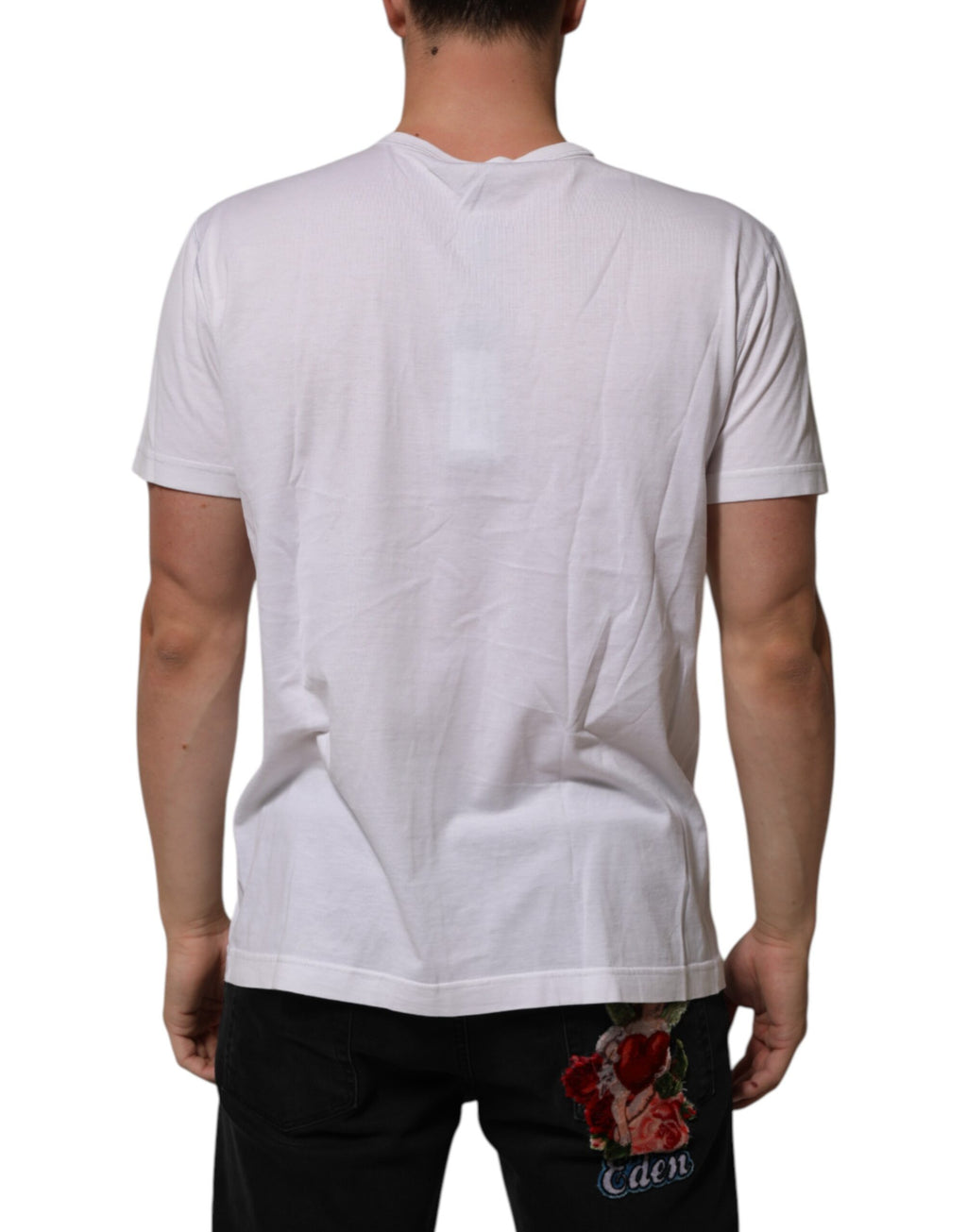 White Cotton Logo Patch Crew Neck Men T-shirt
