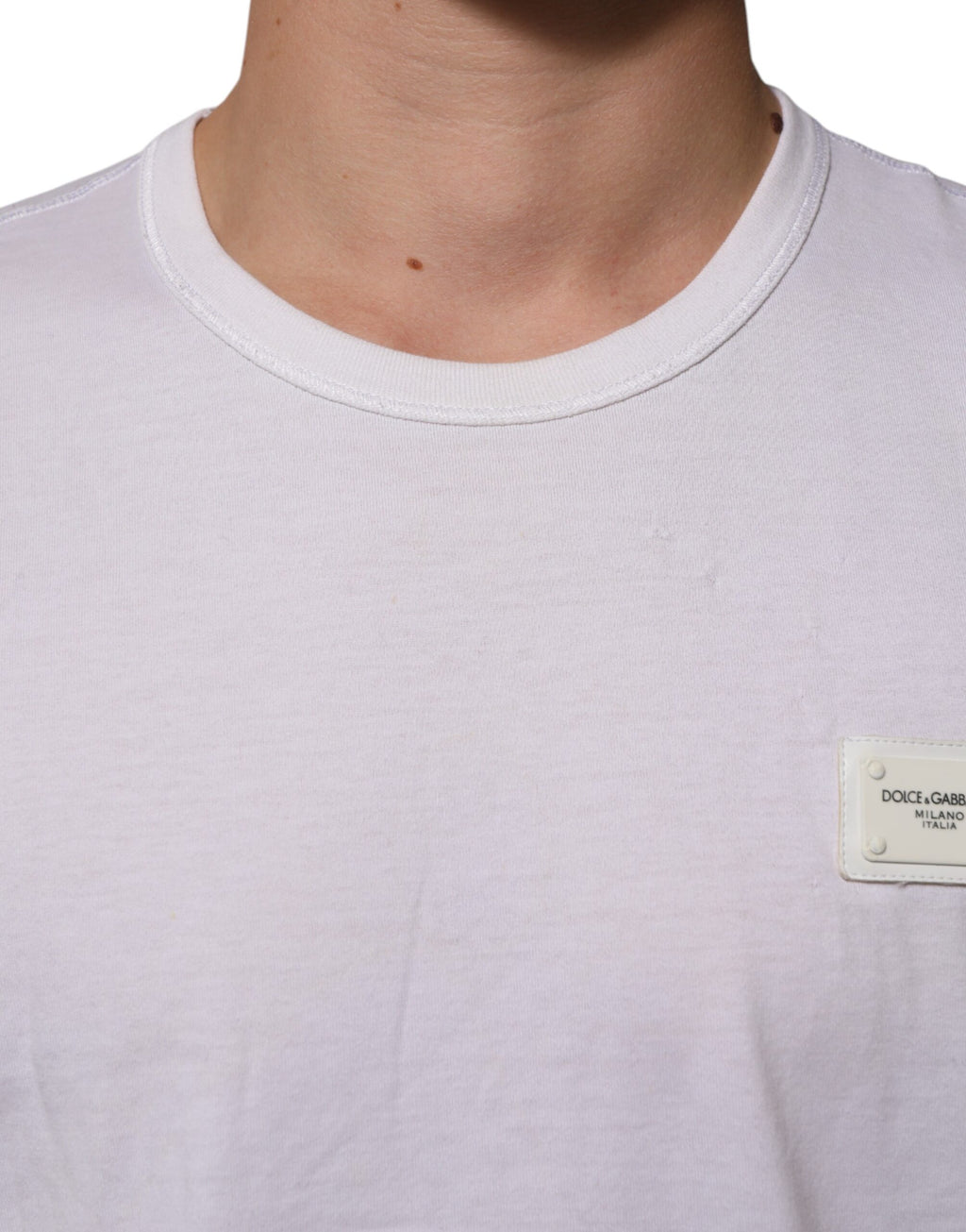 White Cotton Logo Patch Crew Neck Men T-shirt