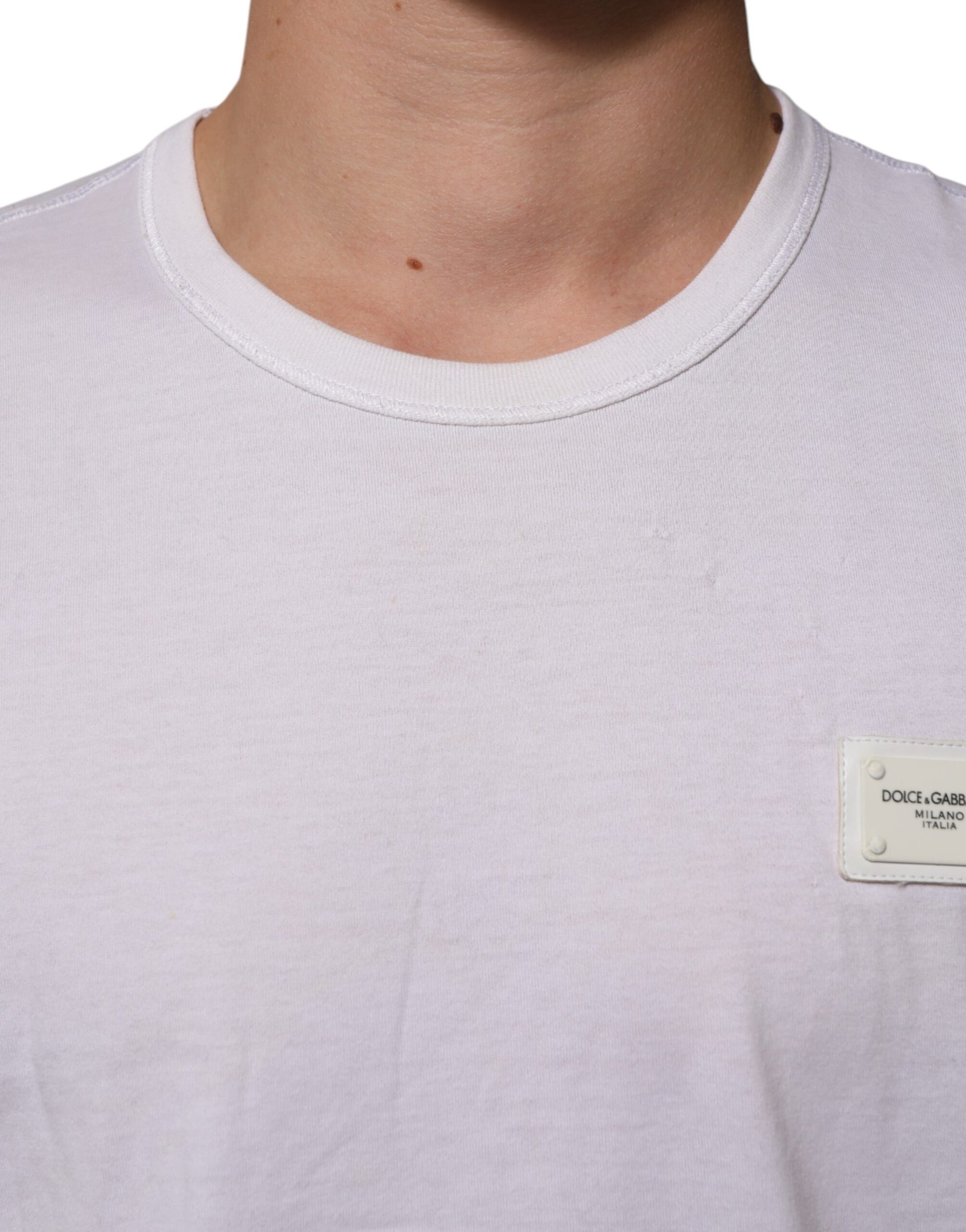 White Cotton Logo Patch Crew Neck Men T-shirt
