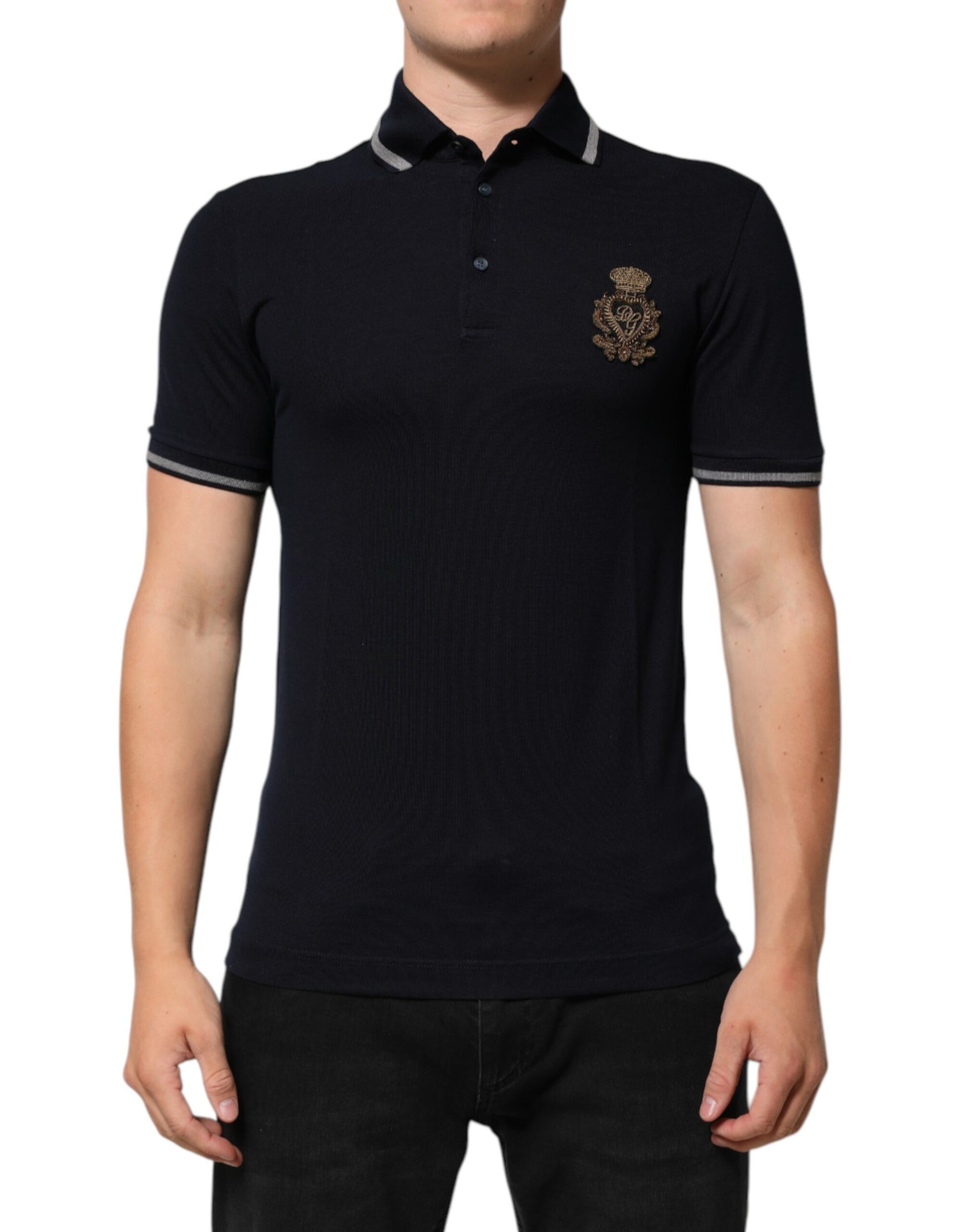 Navy Blue Cotton Crown Crest Logo Men T-Shirt