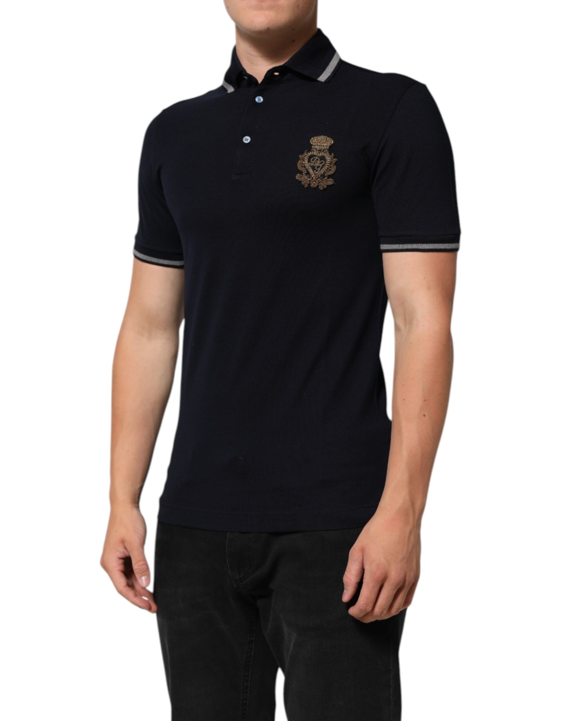 Navy Blue Cotton Crown Crest Logo Men T-Shirt