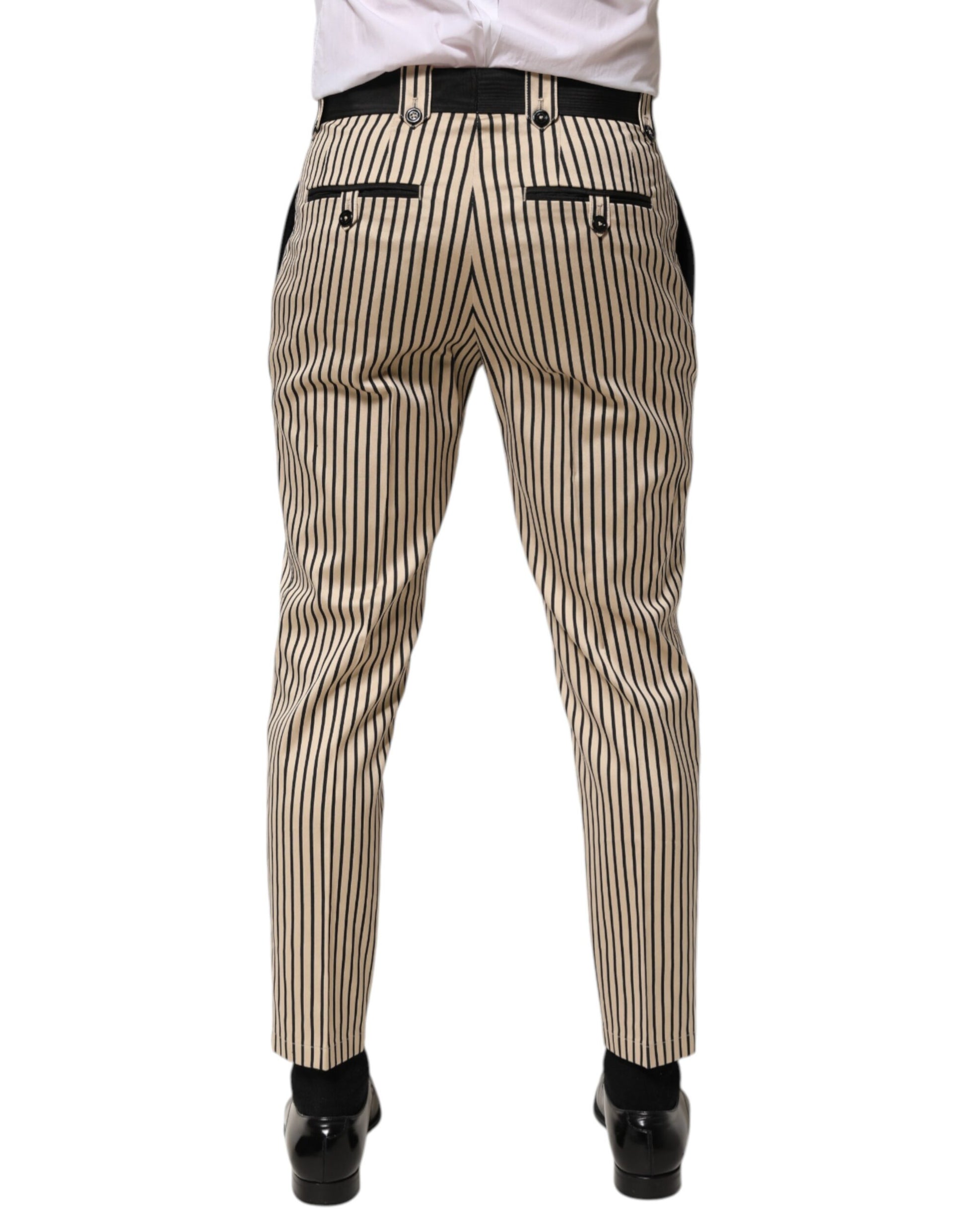 Beige Black Striped Cotton Slim Fit Trousers Pants