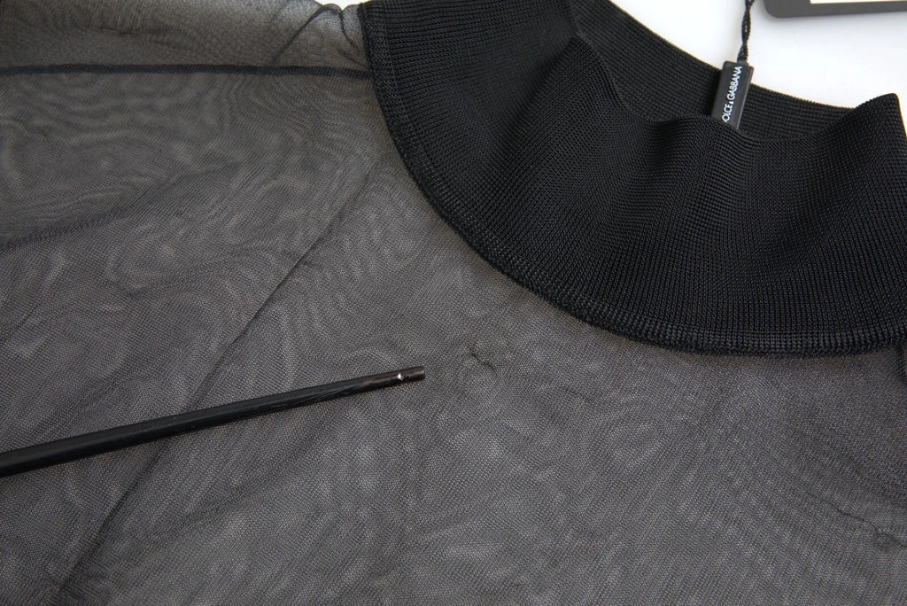 Black Mesh Turtleneck Sheer Blouse Top