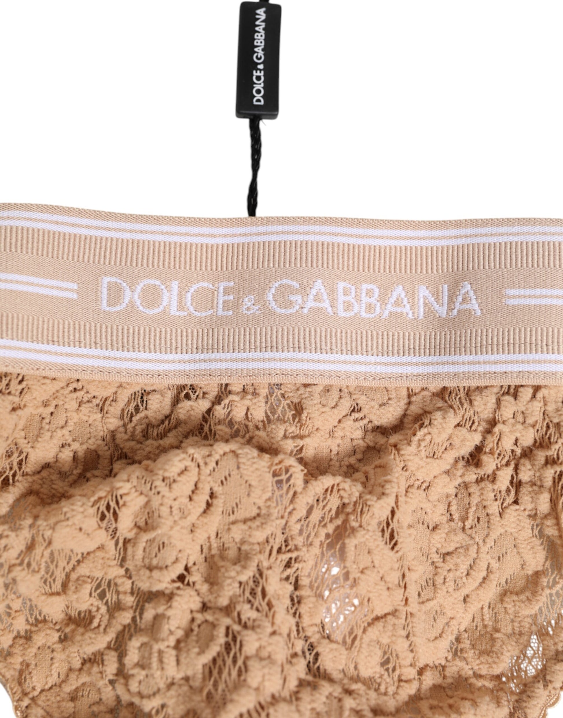 Beige Lace Logo Elastic Waist Thong Tanga Underwear