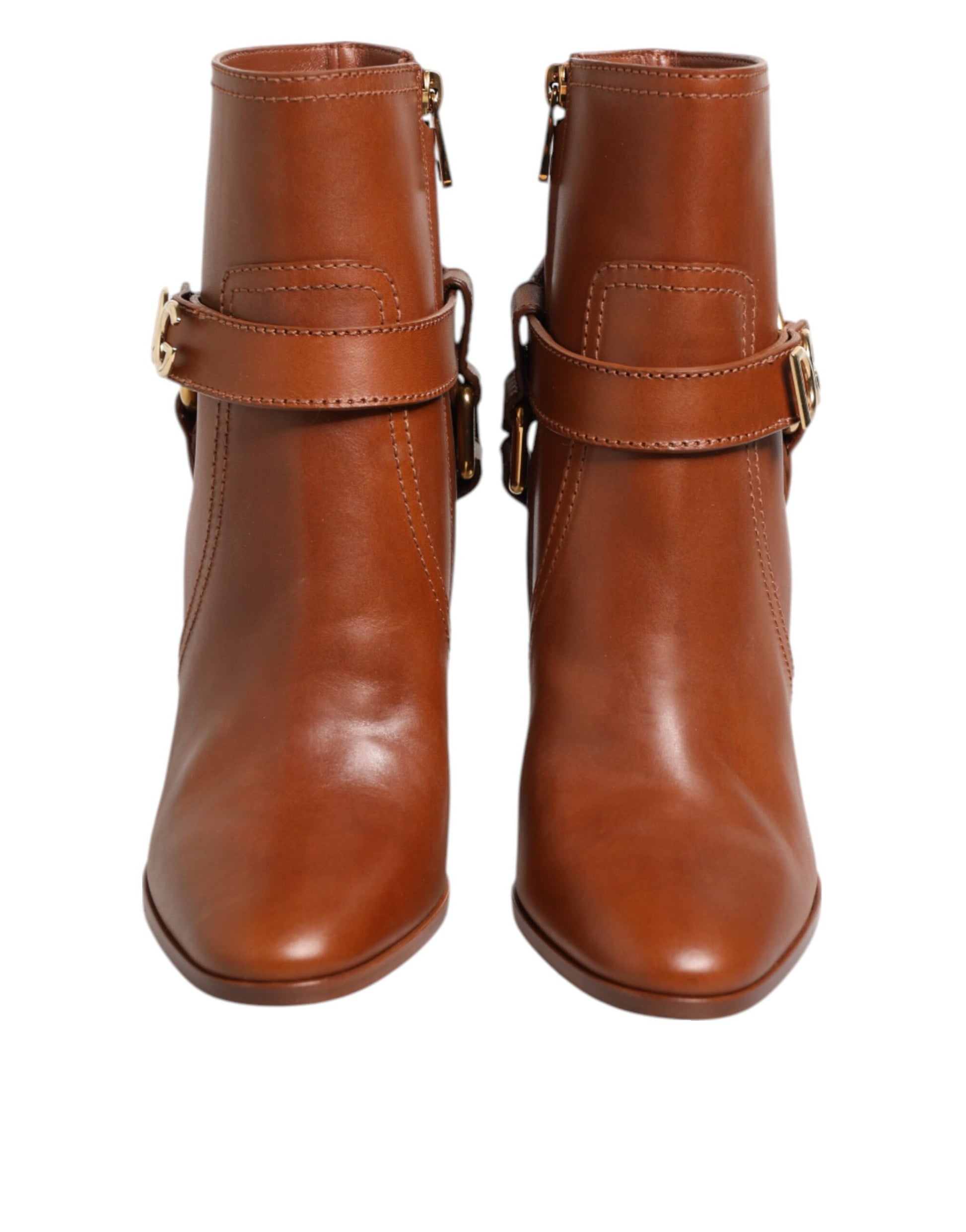 Brown Leather DG Logo Buckle Ankle Boots Shoes