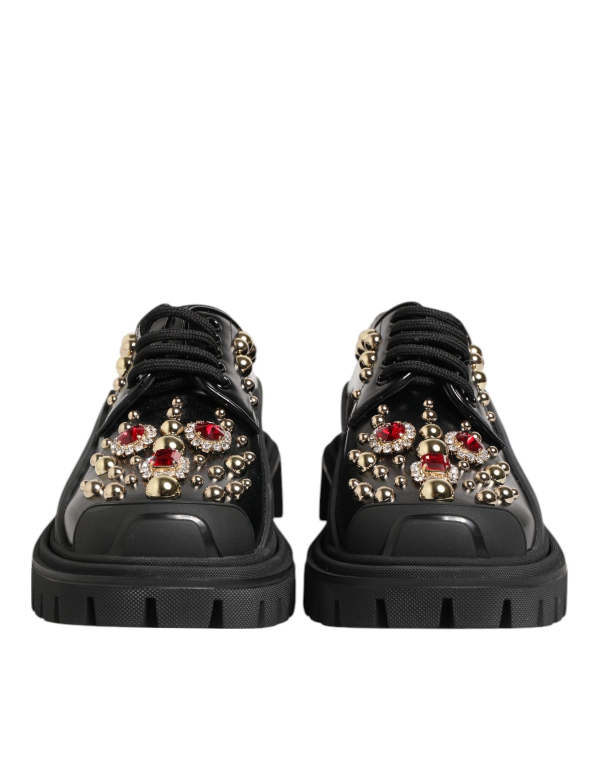 Black Leather Jeweled Crystals Derby Shoes