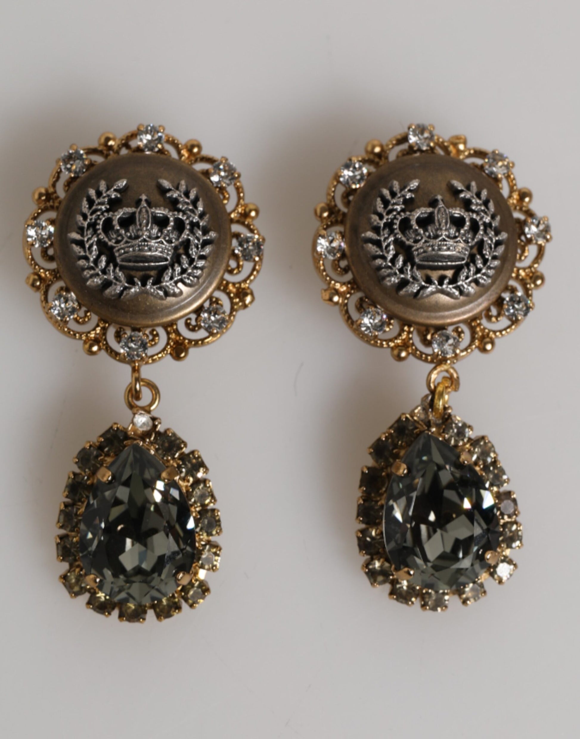 Gold Brass Crown Medallion Black Crystal Drop Clip On Earrings