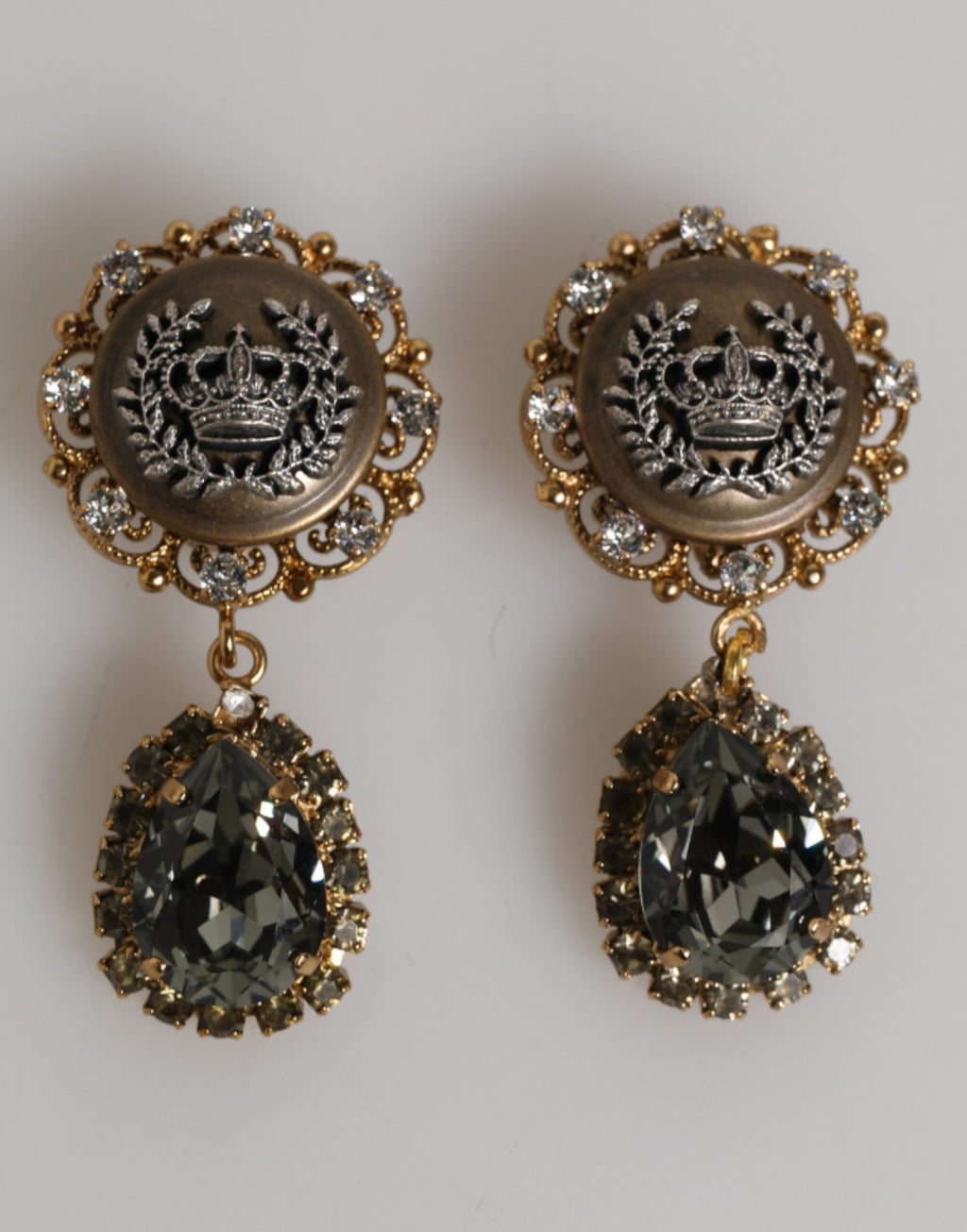 Gold Brass Crown Medallion Black Crystal Drop Clip On Earrings