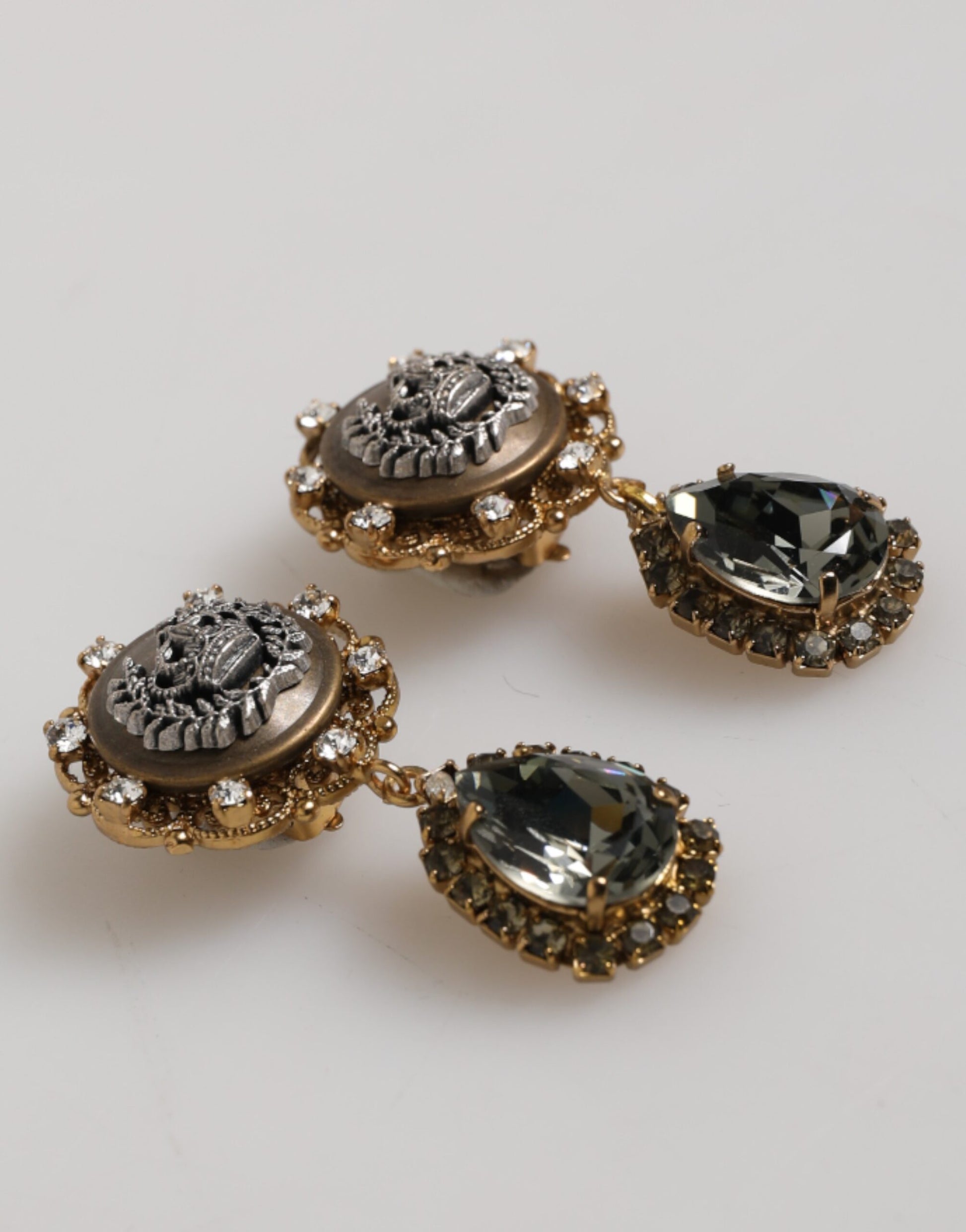 Gold Brass Crown Medallion Black Crystal Drop Clip On Earrings