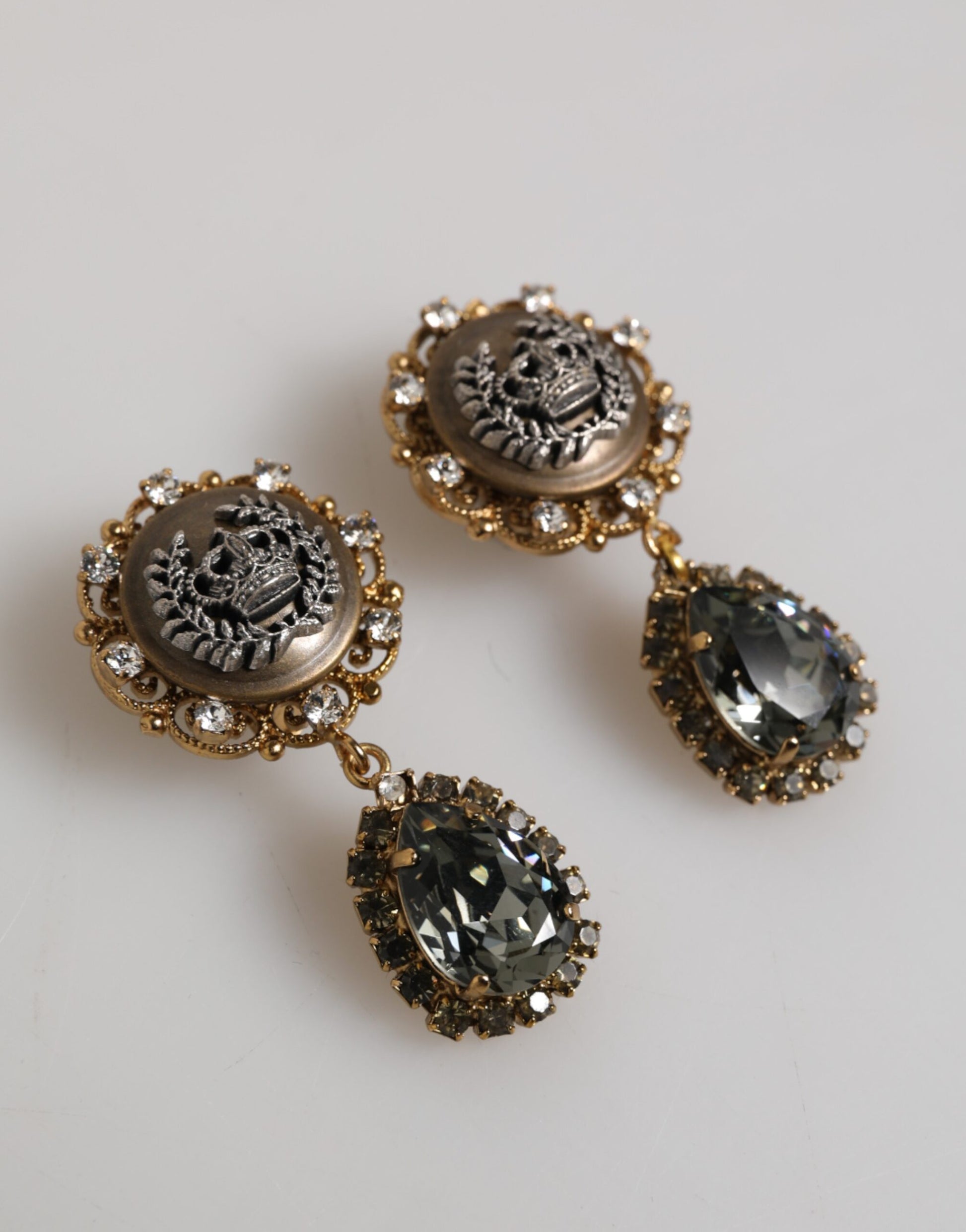Gold Brass Crown Medallion Black Crystal Drop Clip On Earrings