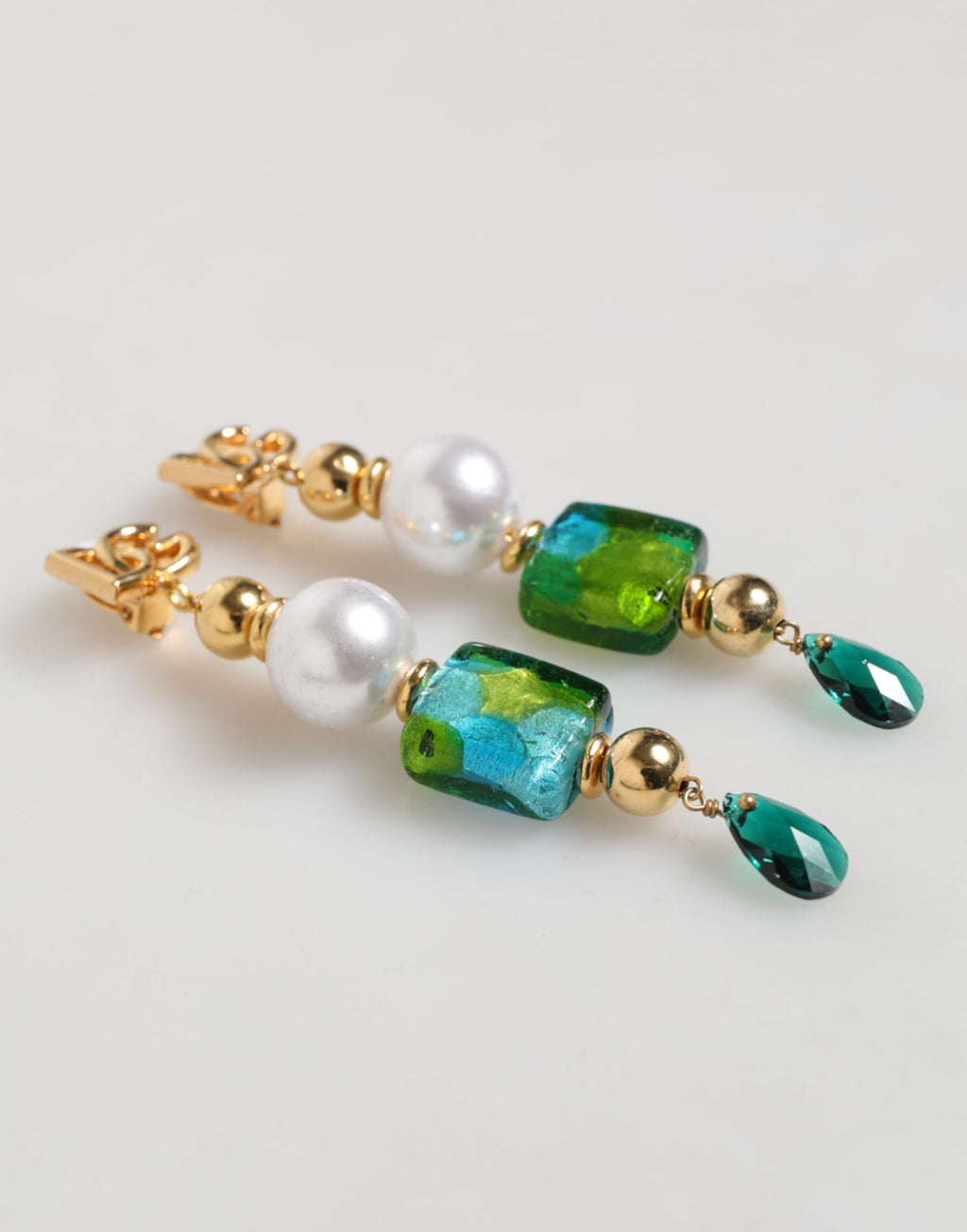 Gold Brass Multicolour Pearl Green Blue Drop Logo DG Earrings