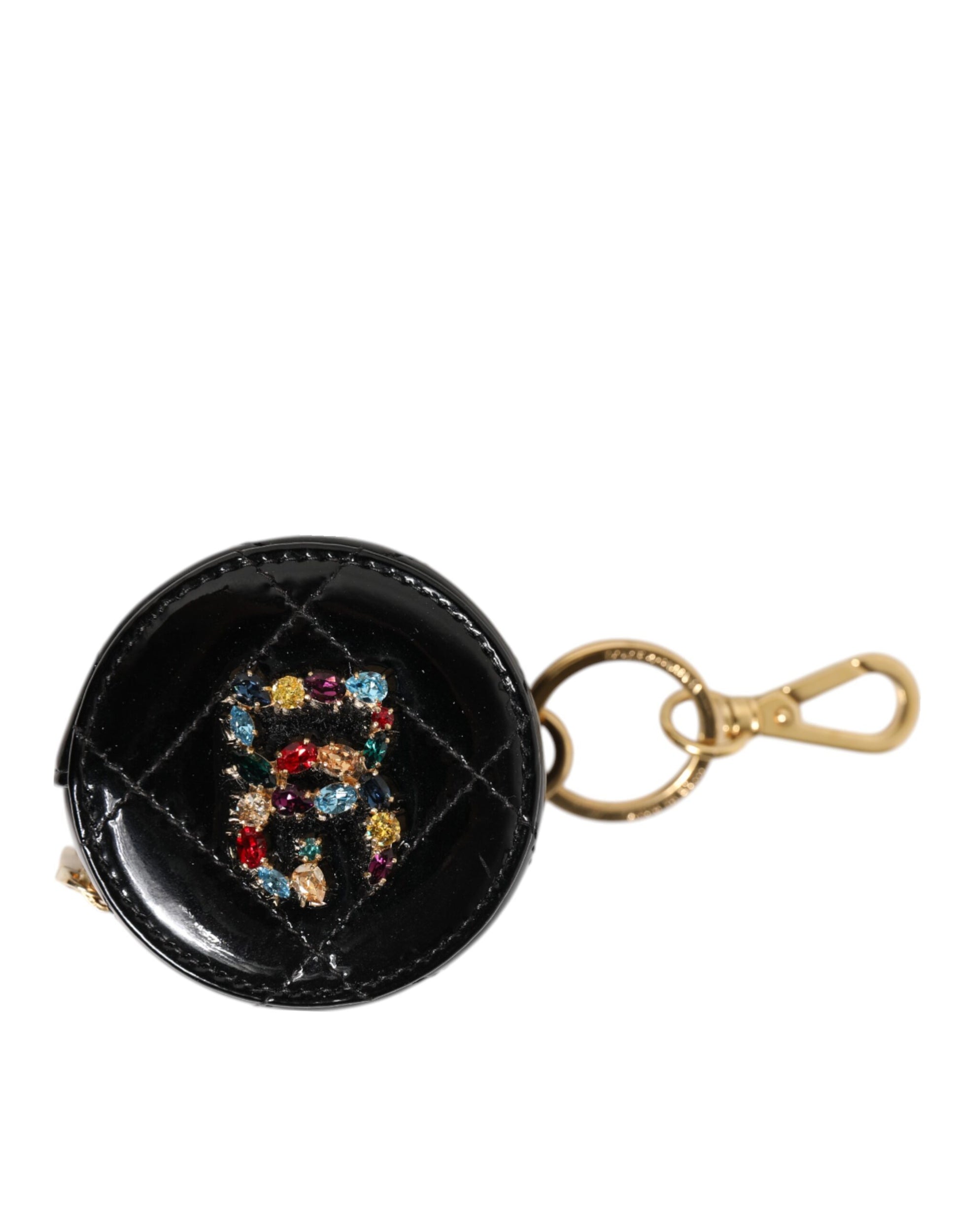Black Lamb Leather DG Crystal Logo Round Coin Purse Wallet