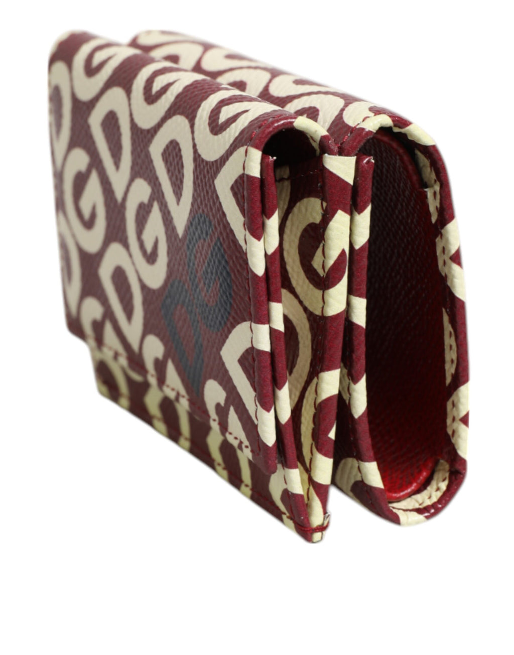 Burgundy Logo Print Calf Leather French Flap Card Holder Wallet
