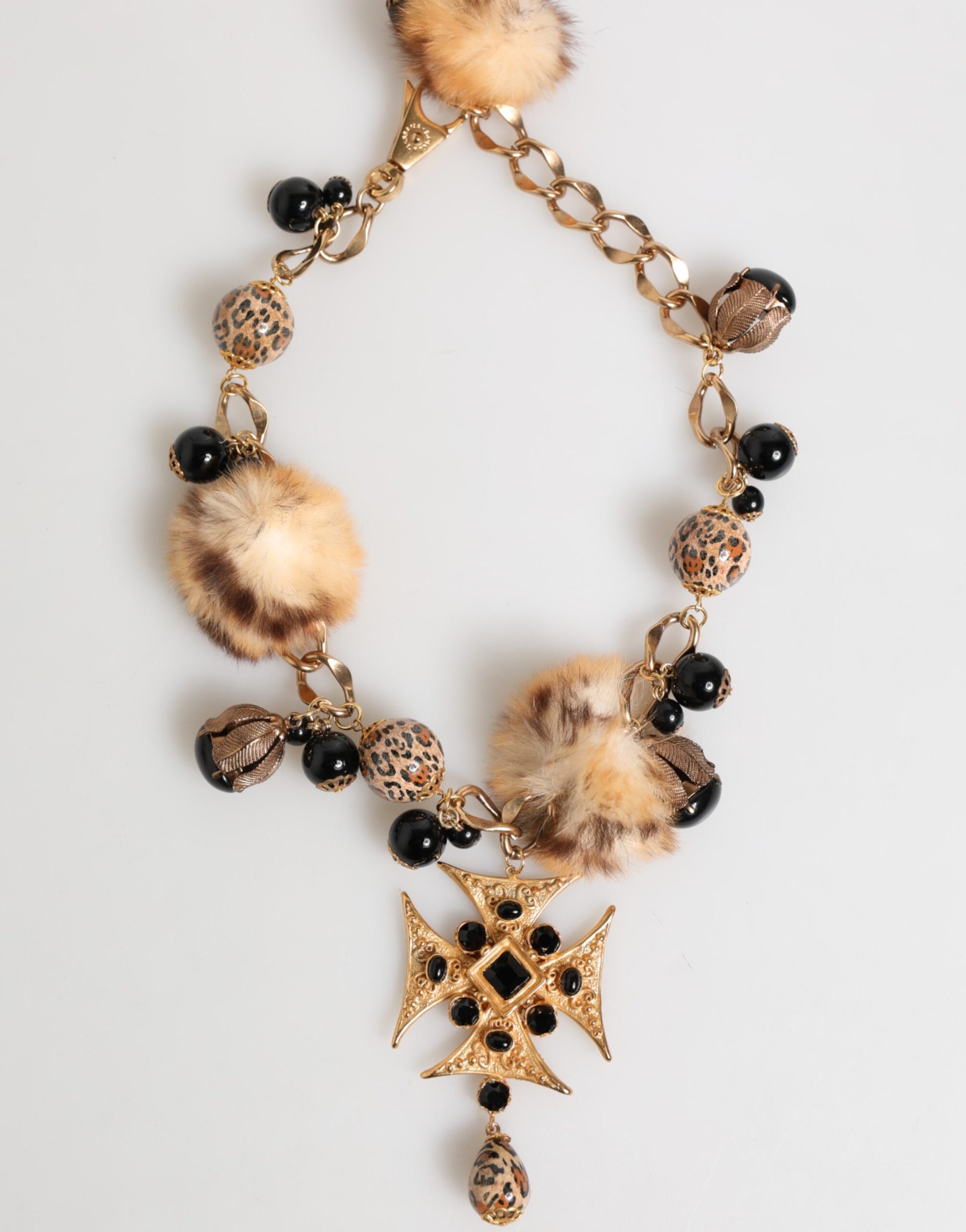 Gold Black Crystals Lapin Fur Filigree Choker Necklace