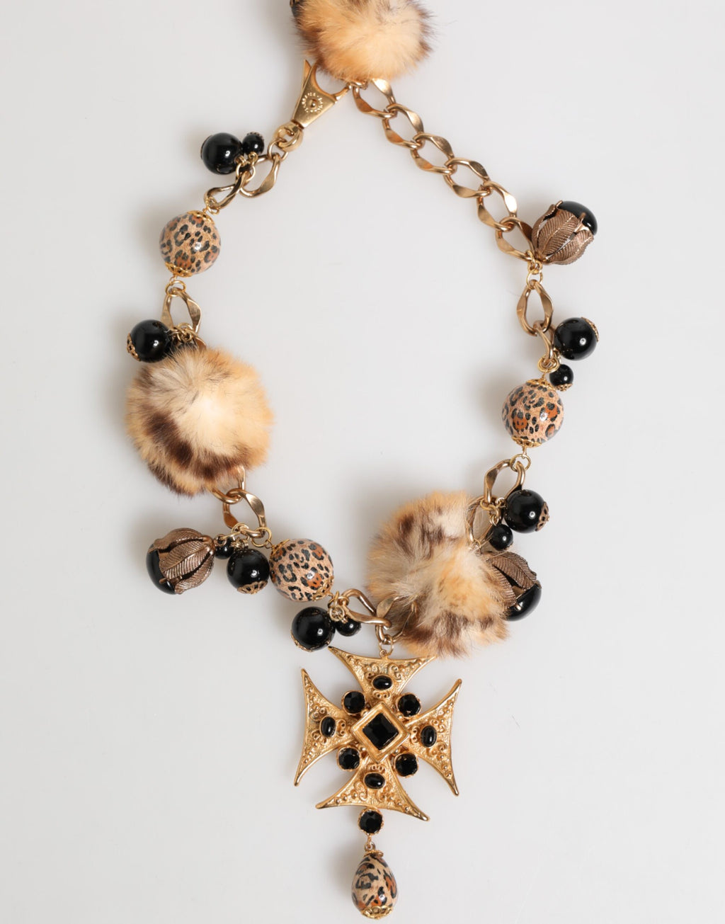 Gold Black Crystals Lapin Fur Filigree Choker Necklace