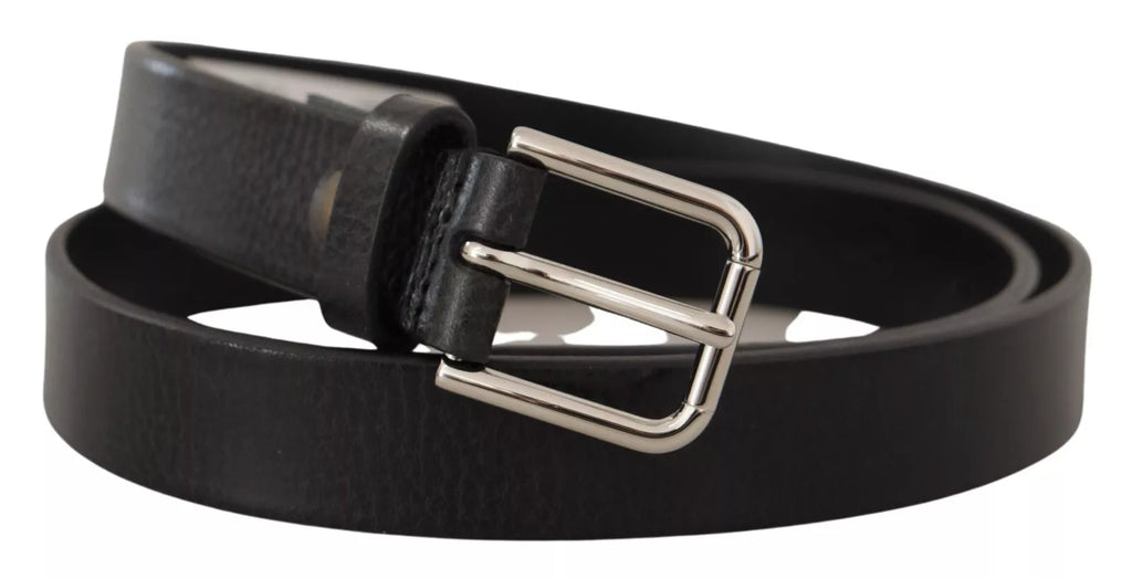 Calf Leather Silver Tone Black Metal Buckle Belt