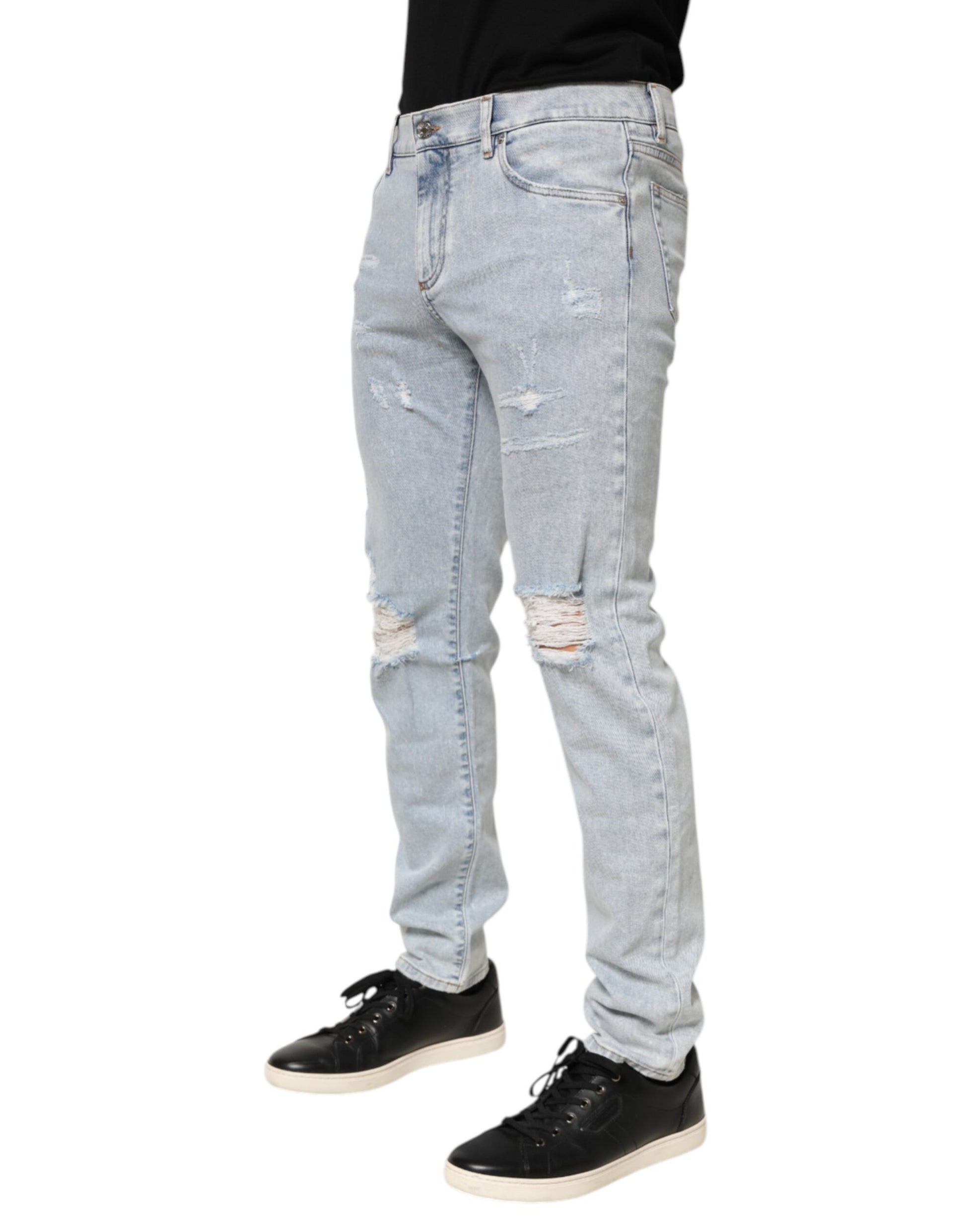 Light Blue Distressed Slim Fit Ripped Denim Jeans