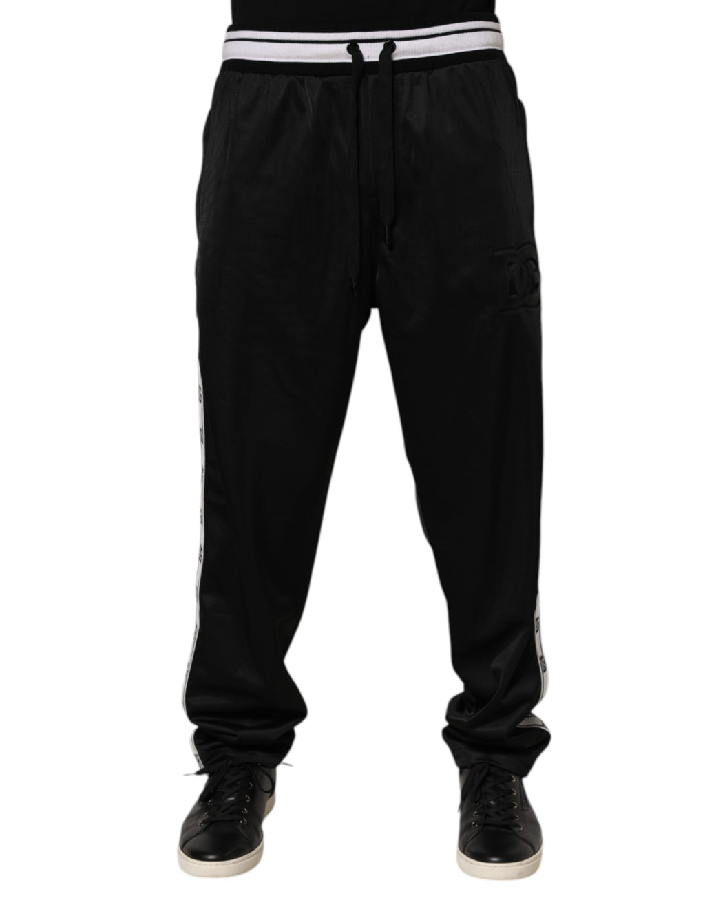 Black Polyester Logo Stripe Track Jogger Pants