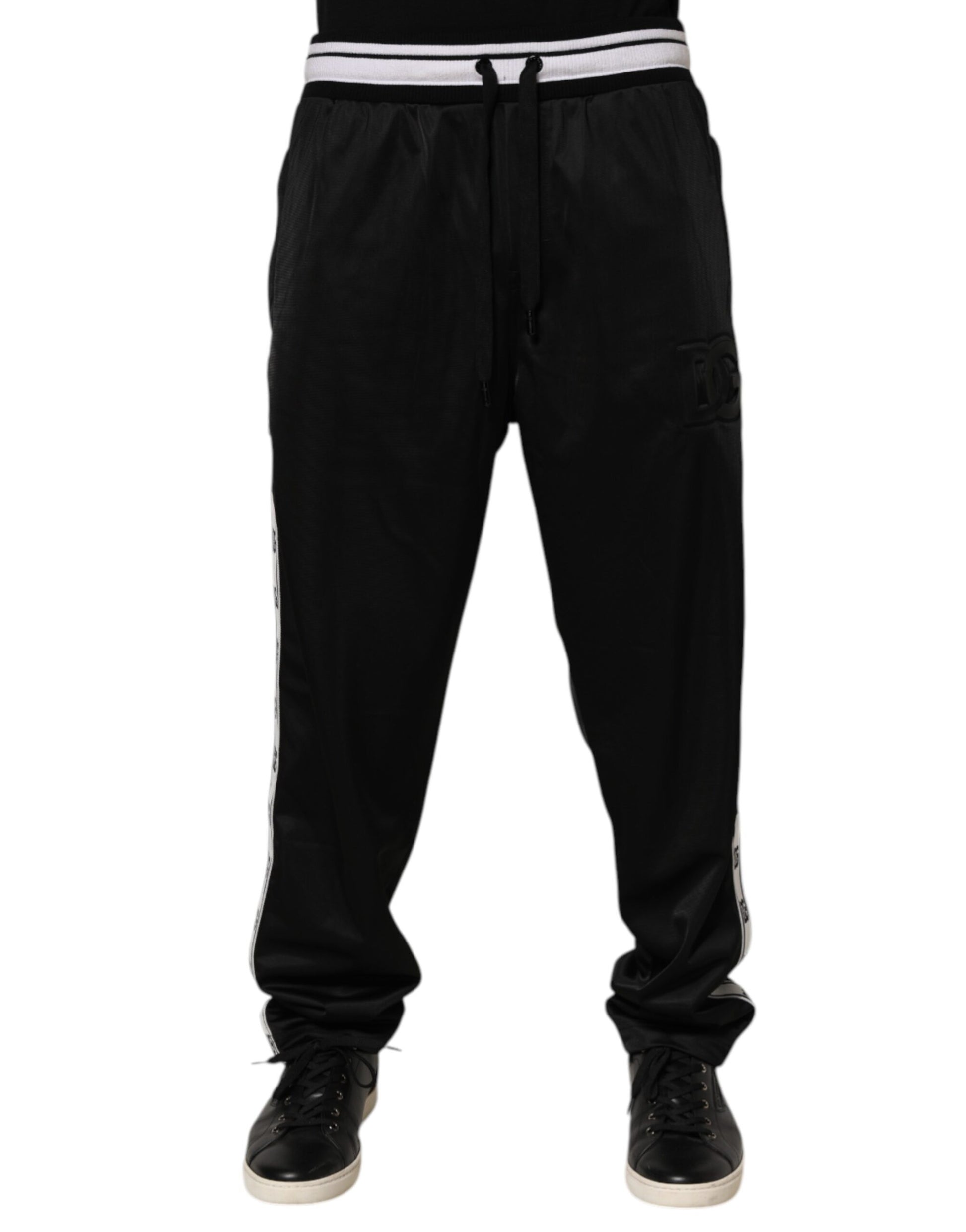 Black Polyester Logo Stripe Track Jogger Pants