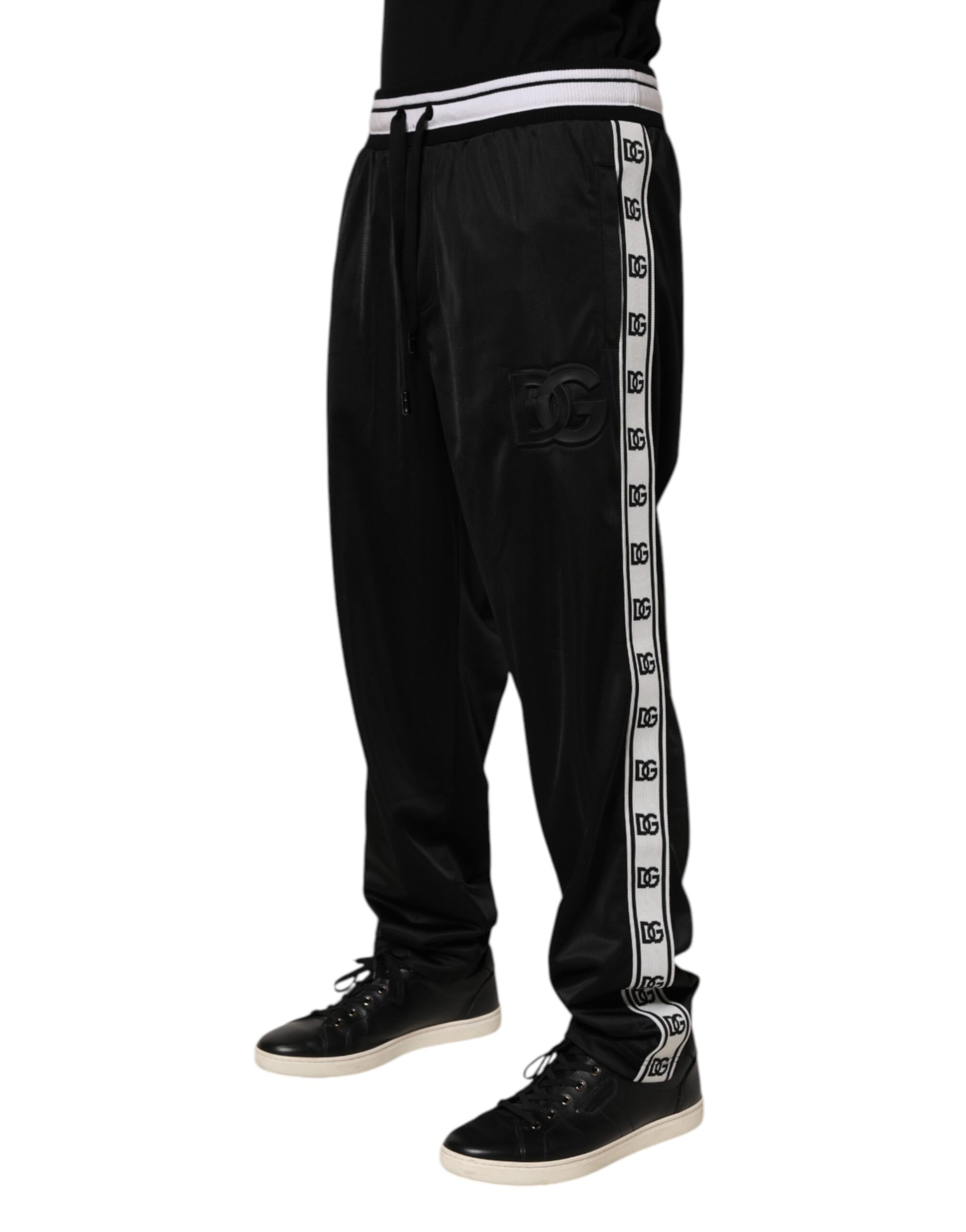 Black Polyester Logo Stripe Track Jogger Pants