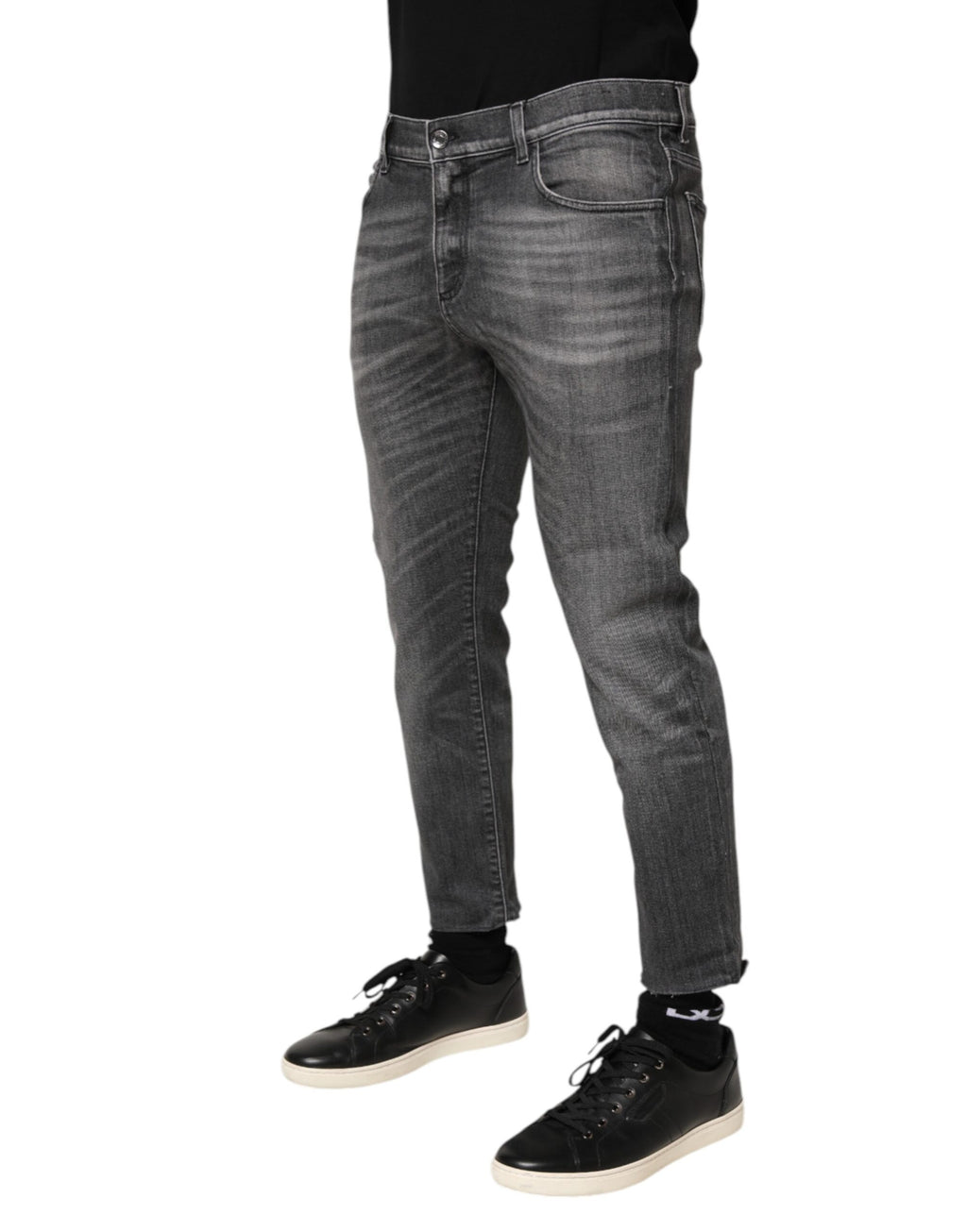 Grey Cotton Denim Slim Fit Distressed Pants Jeans