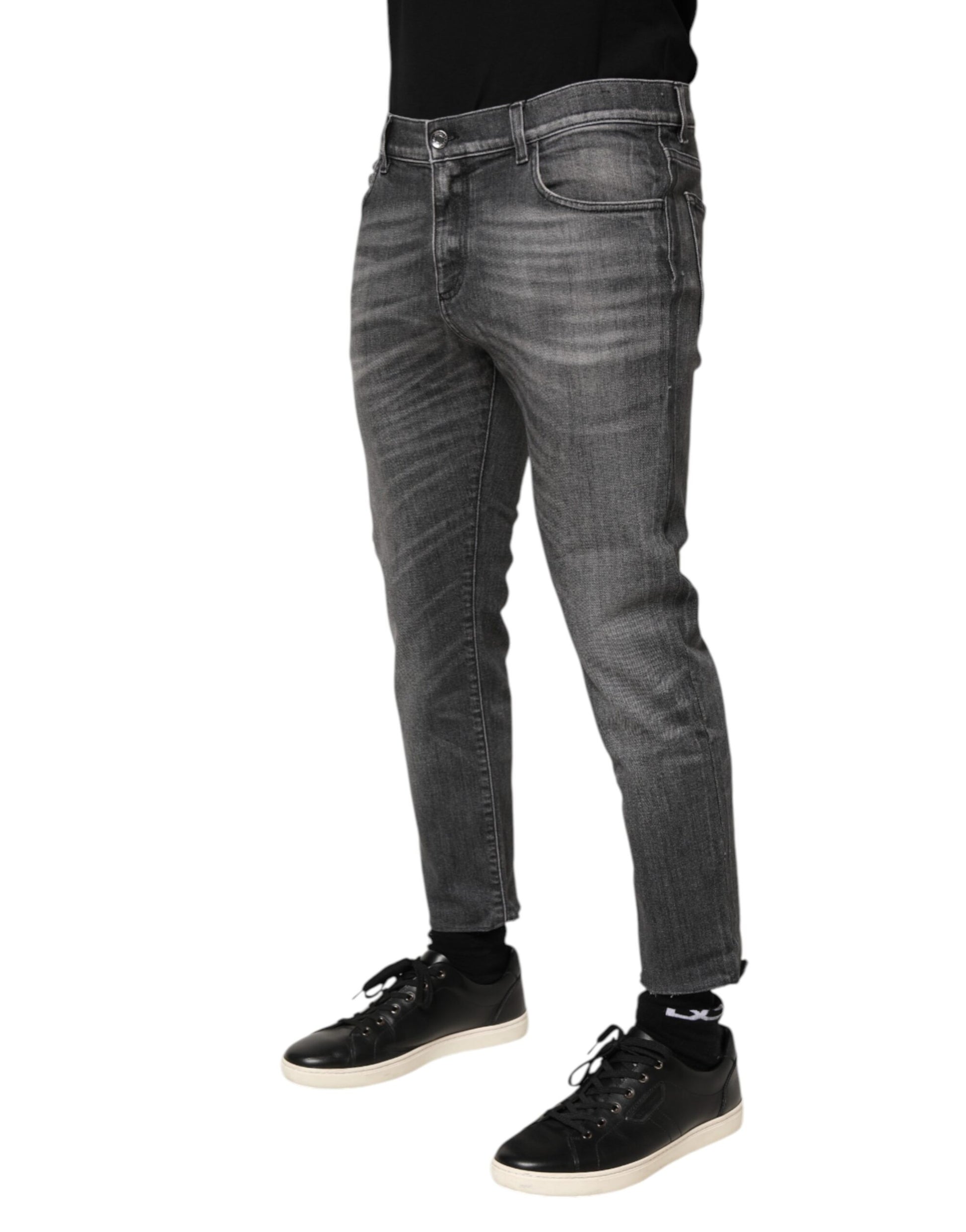 Grey Cotton Denim Slim Fit Distressed Pants Jeans