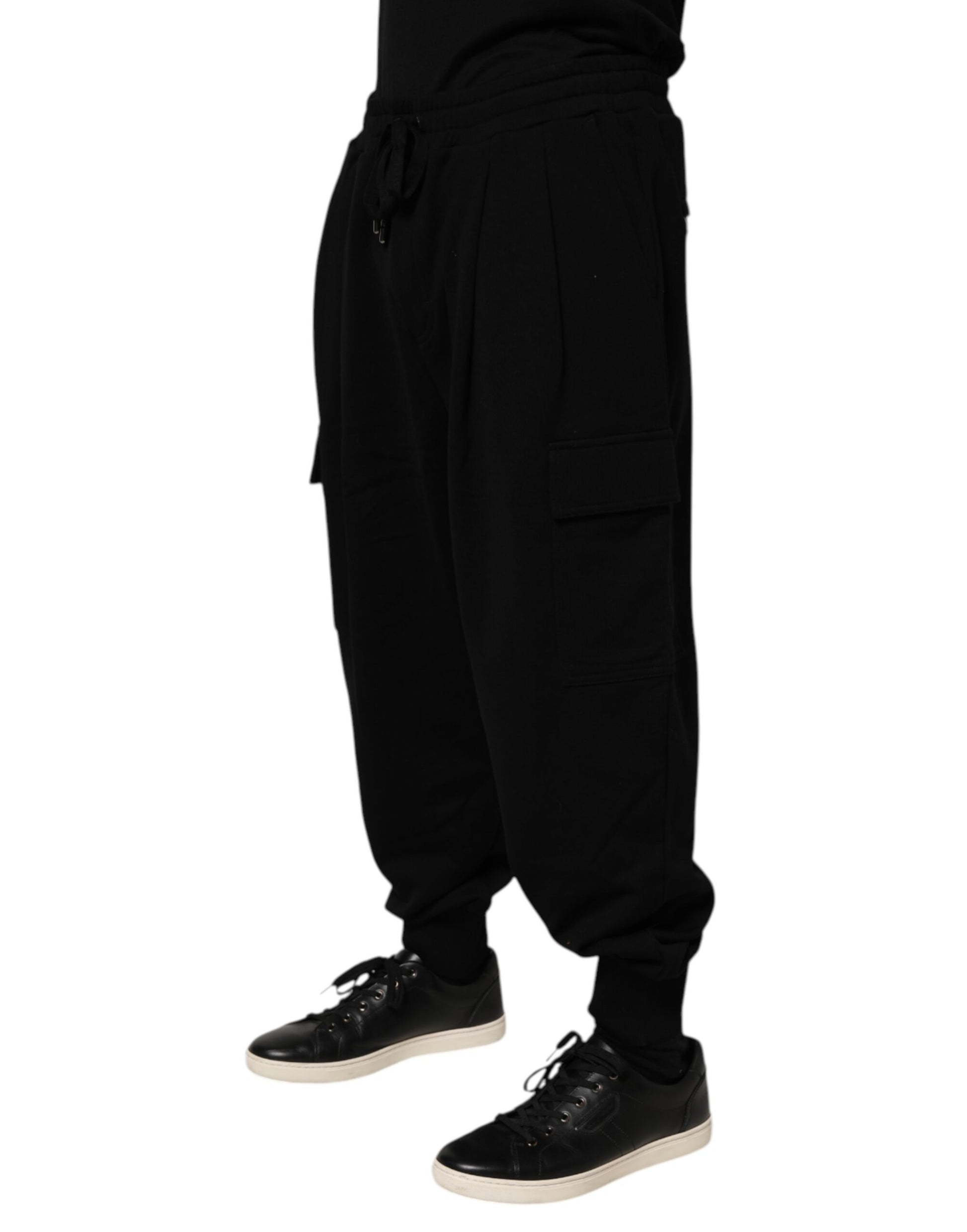 Black Cotton Blend Cargo Joggers Drawstring Pants