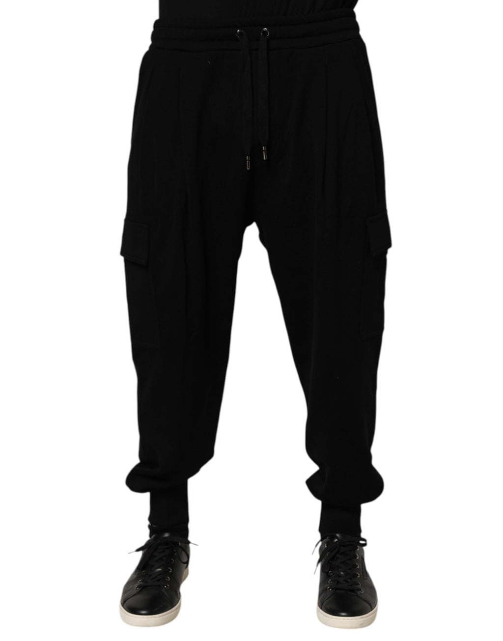 Black Cotton Blend Cargo Joggers Drawstring Pants