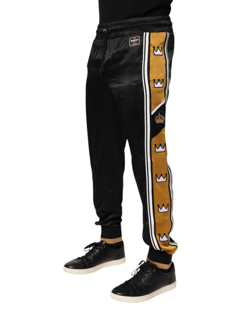 Black Gold Satin Crown Side Stripe Jogger Pants