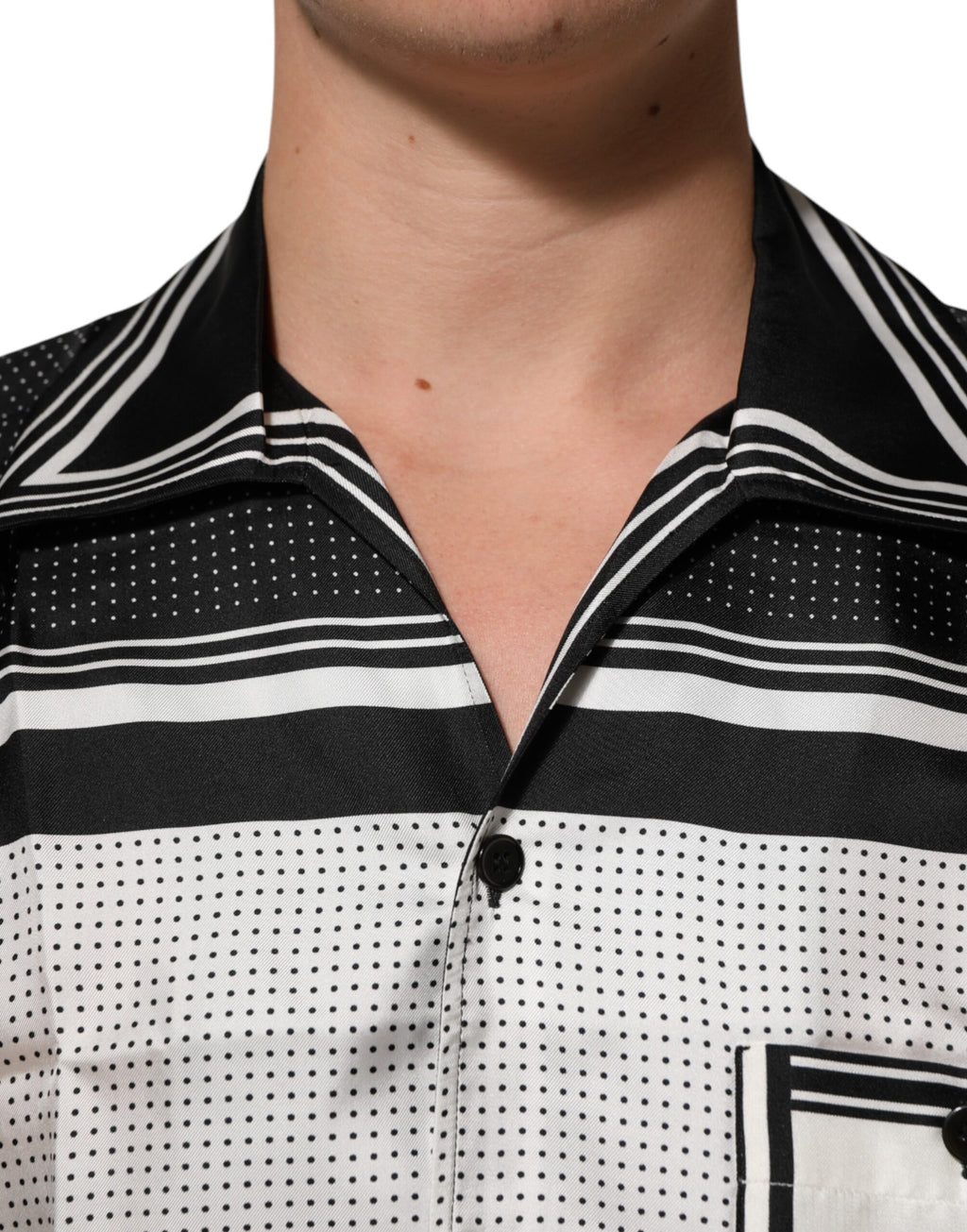 Black White StripeDot Print Casual Polo Shirt
