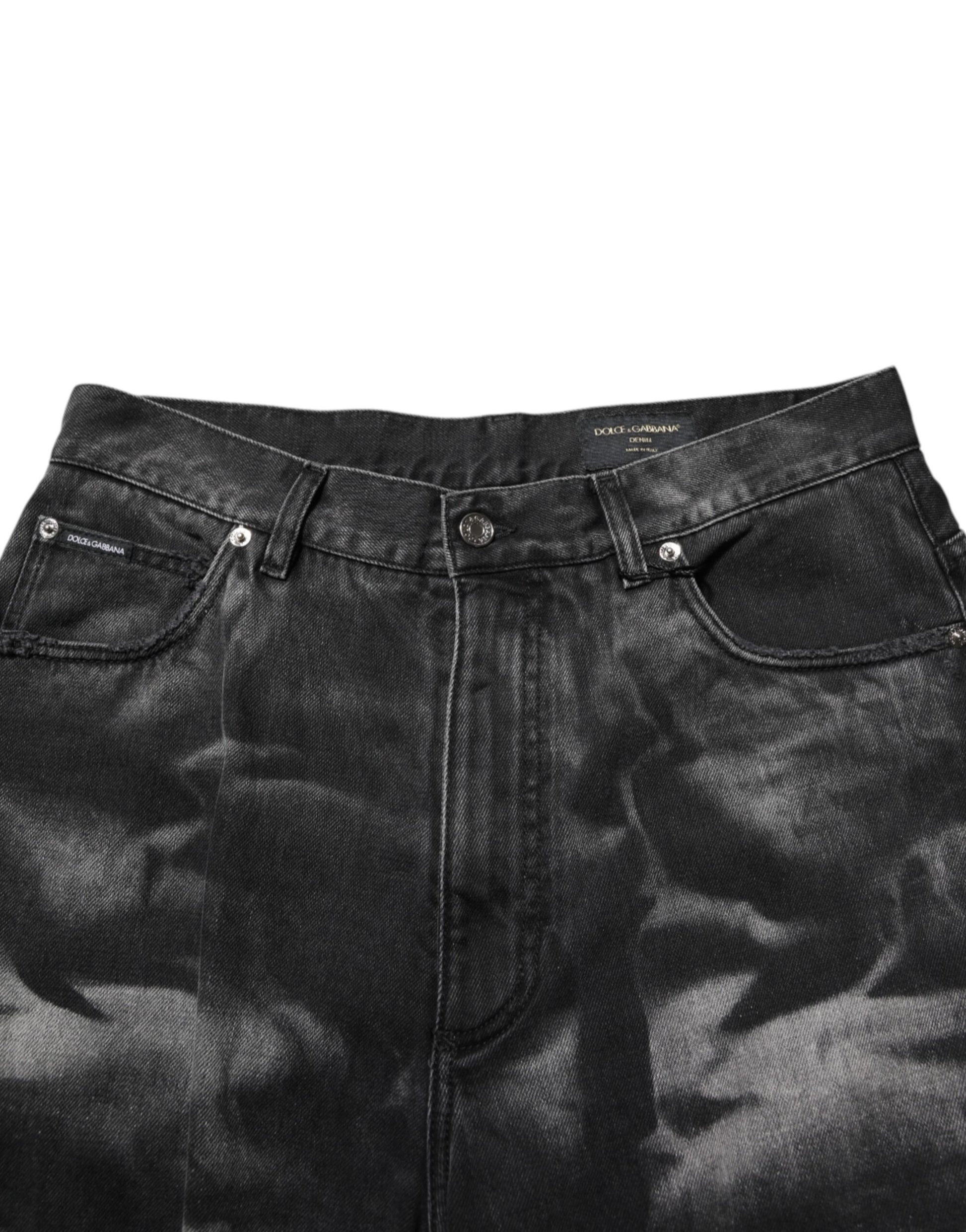 Black Marbled Effect Straight Men Denim Jeans