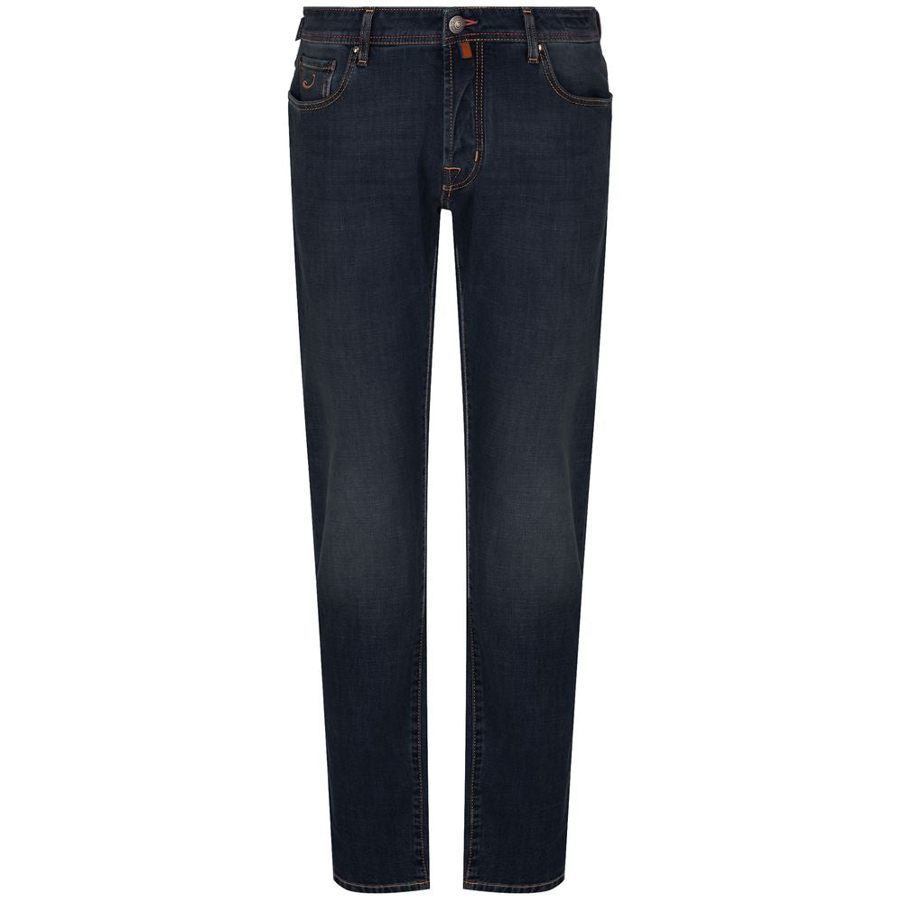 Blue Cotton Men Jeans with Orange Stitching