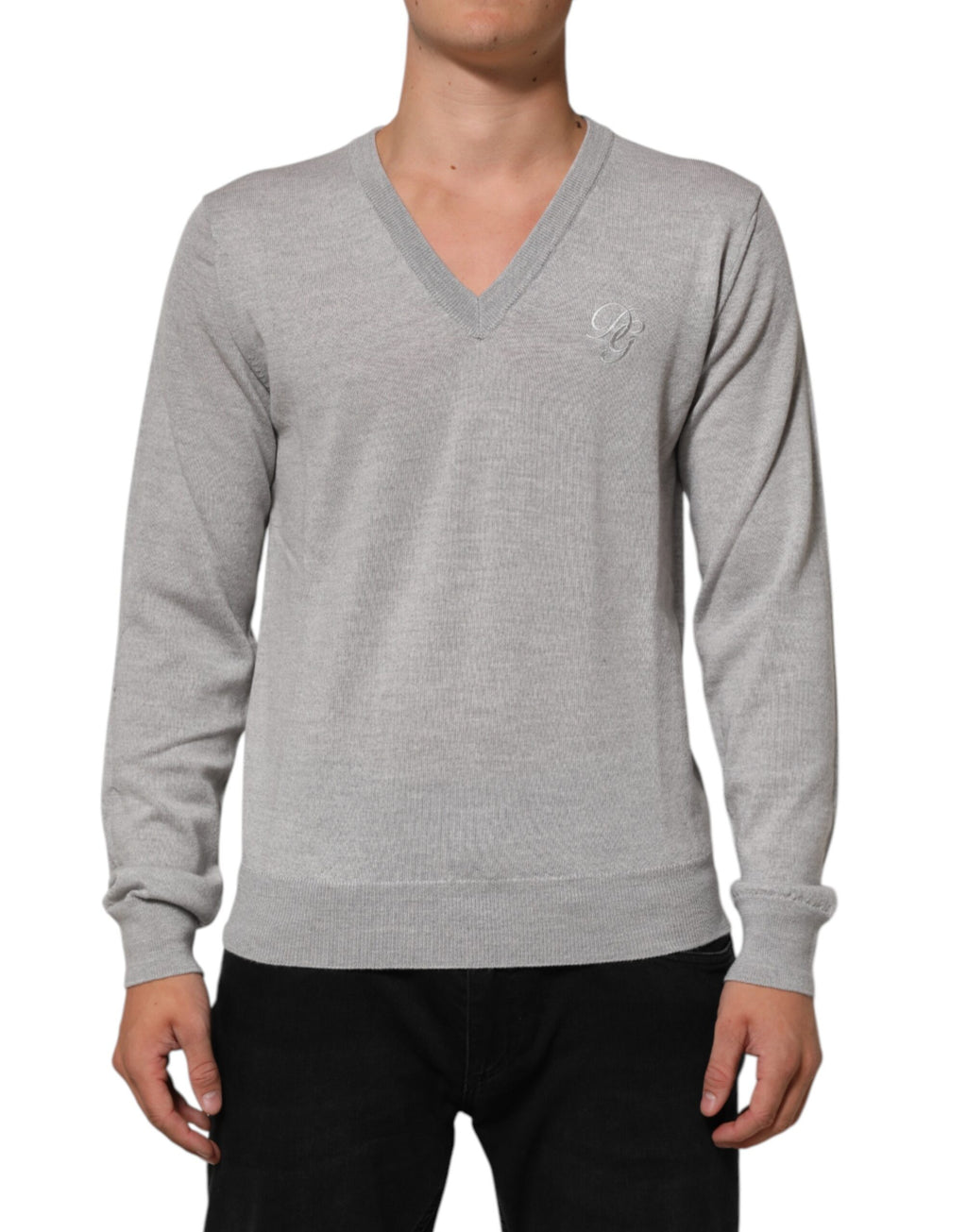 Gray Wool Knit Logo V-Neck Pullover Sweater