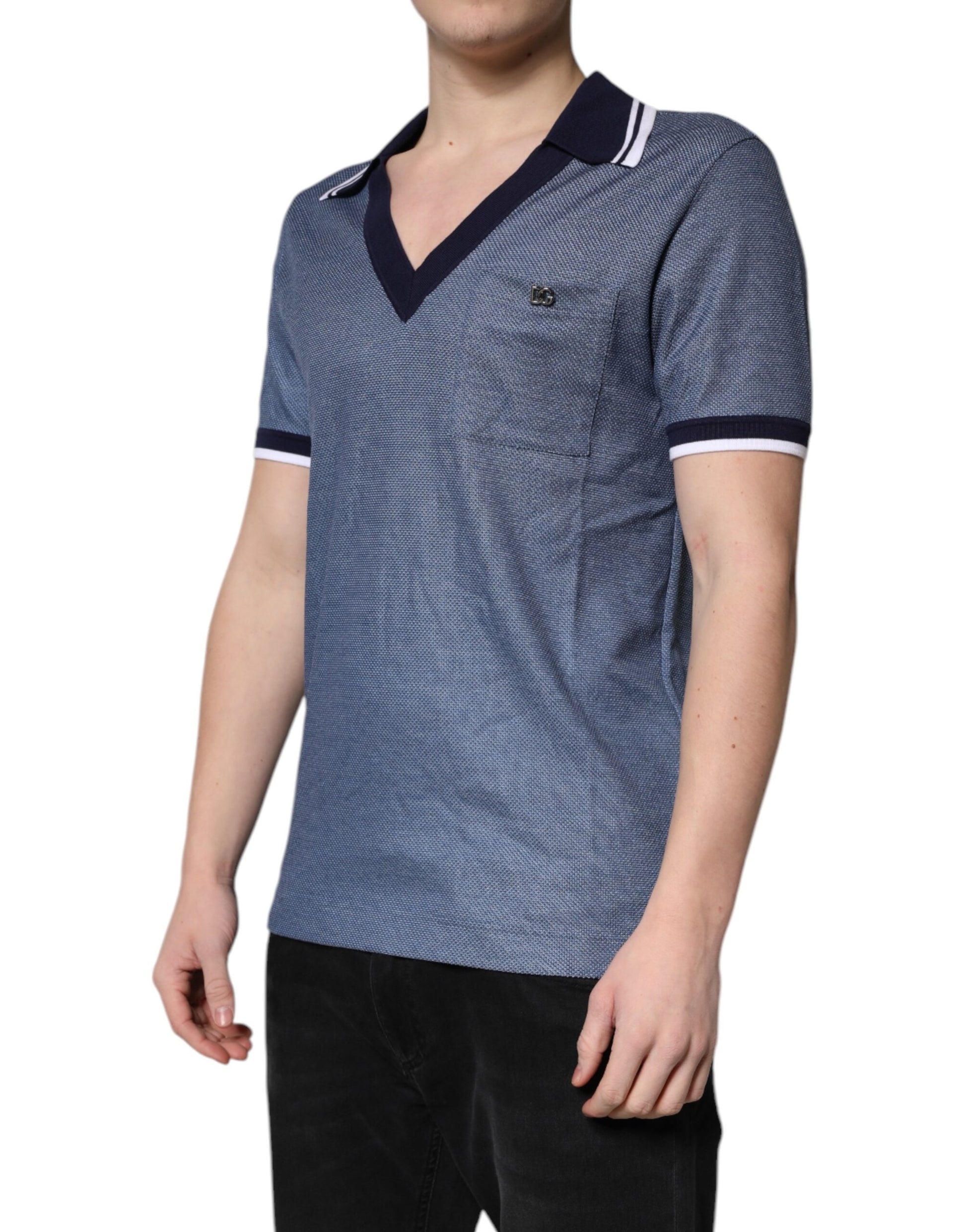 Blue Collared V-neck Silk Blend Polo T-shirt