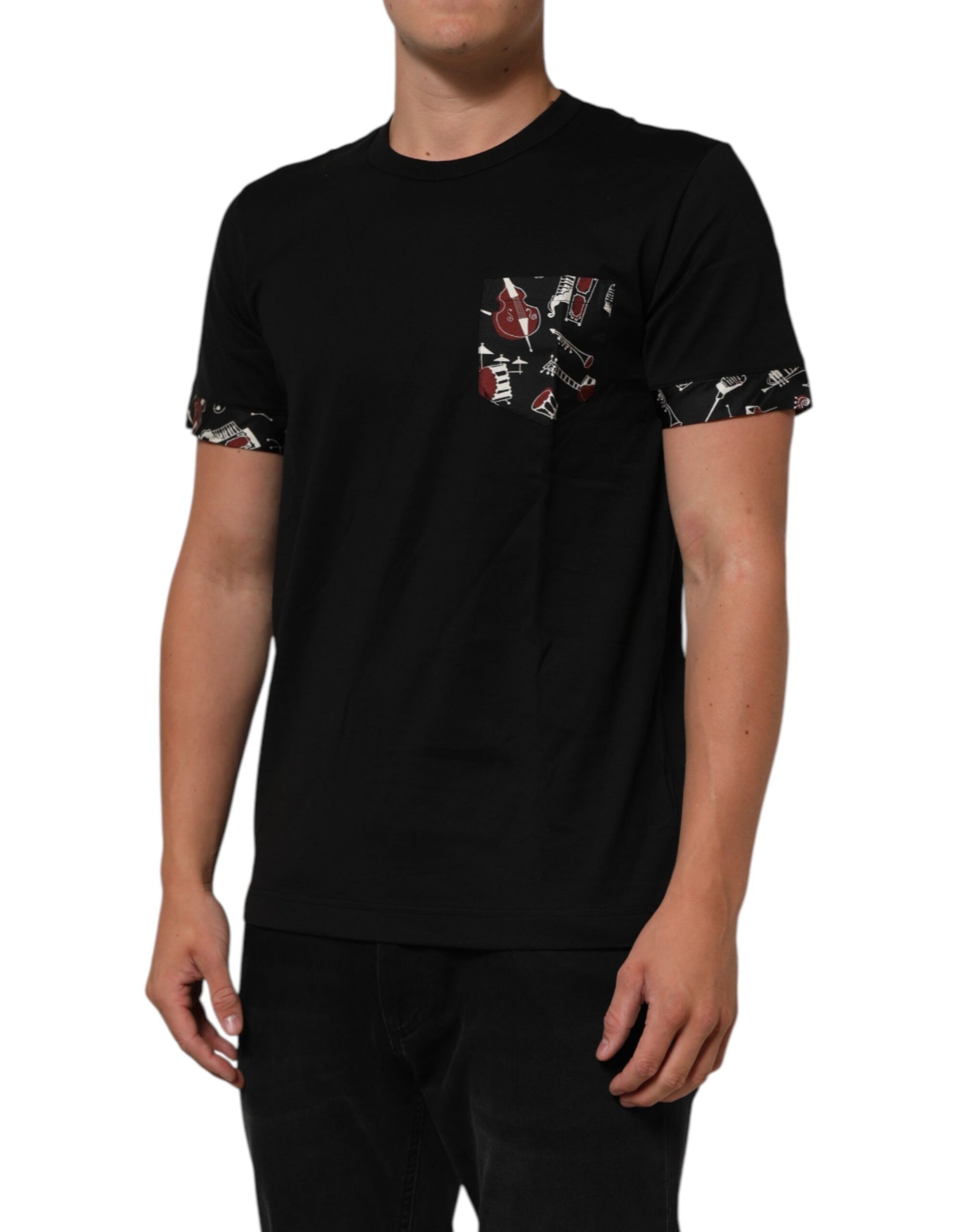 Black Musical Print Cotton Crew Neck T-shirt