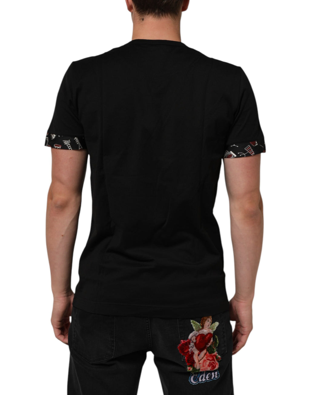 Black Musical Print Cotton Crew Neck T-shirt