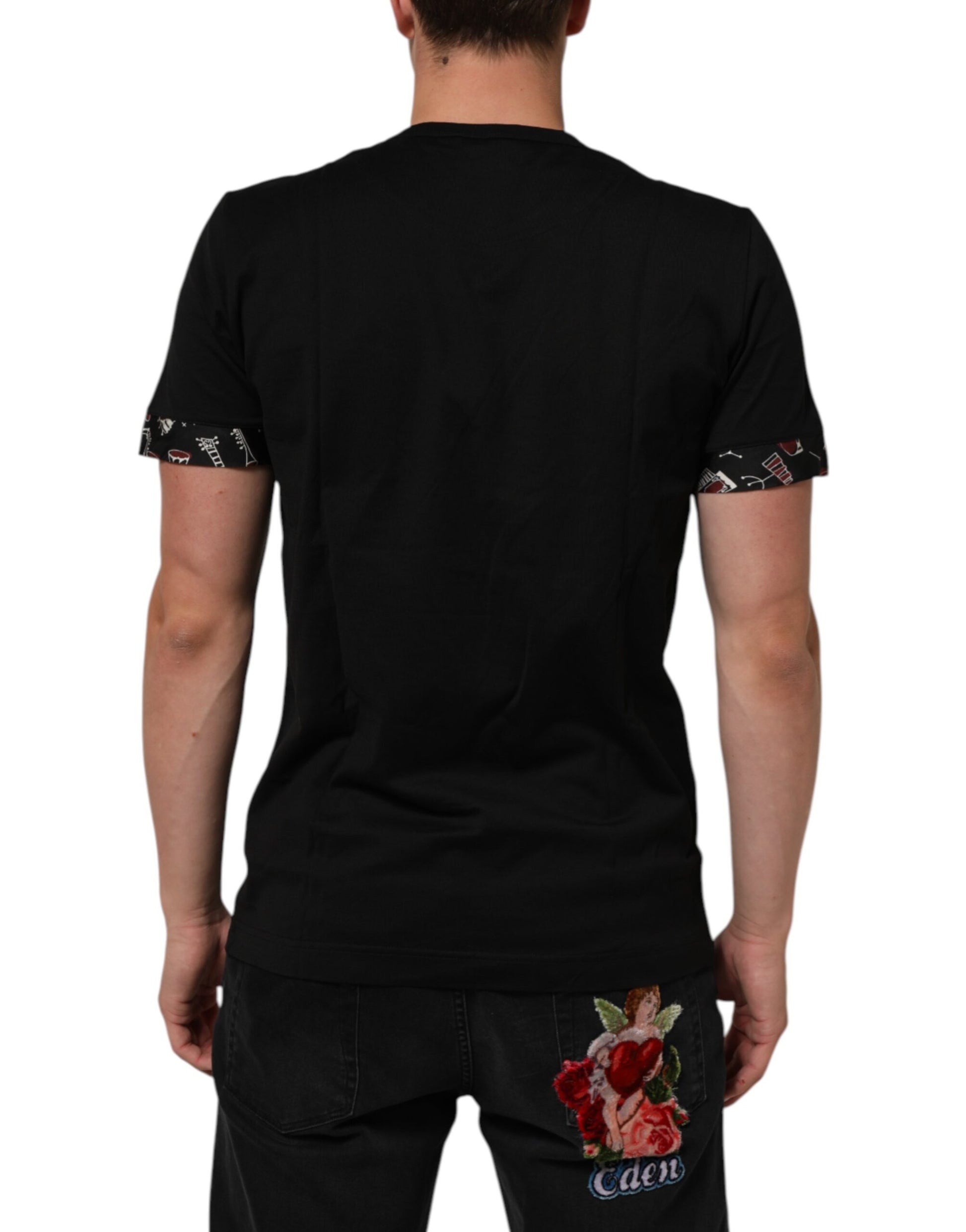 Black Musical Print Cotton Crew Neck T-shirt