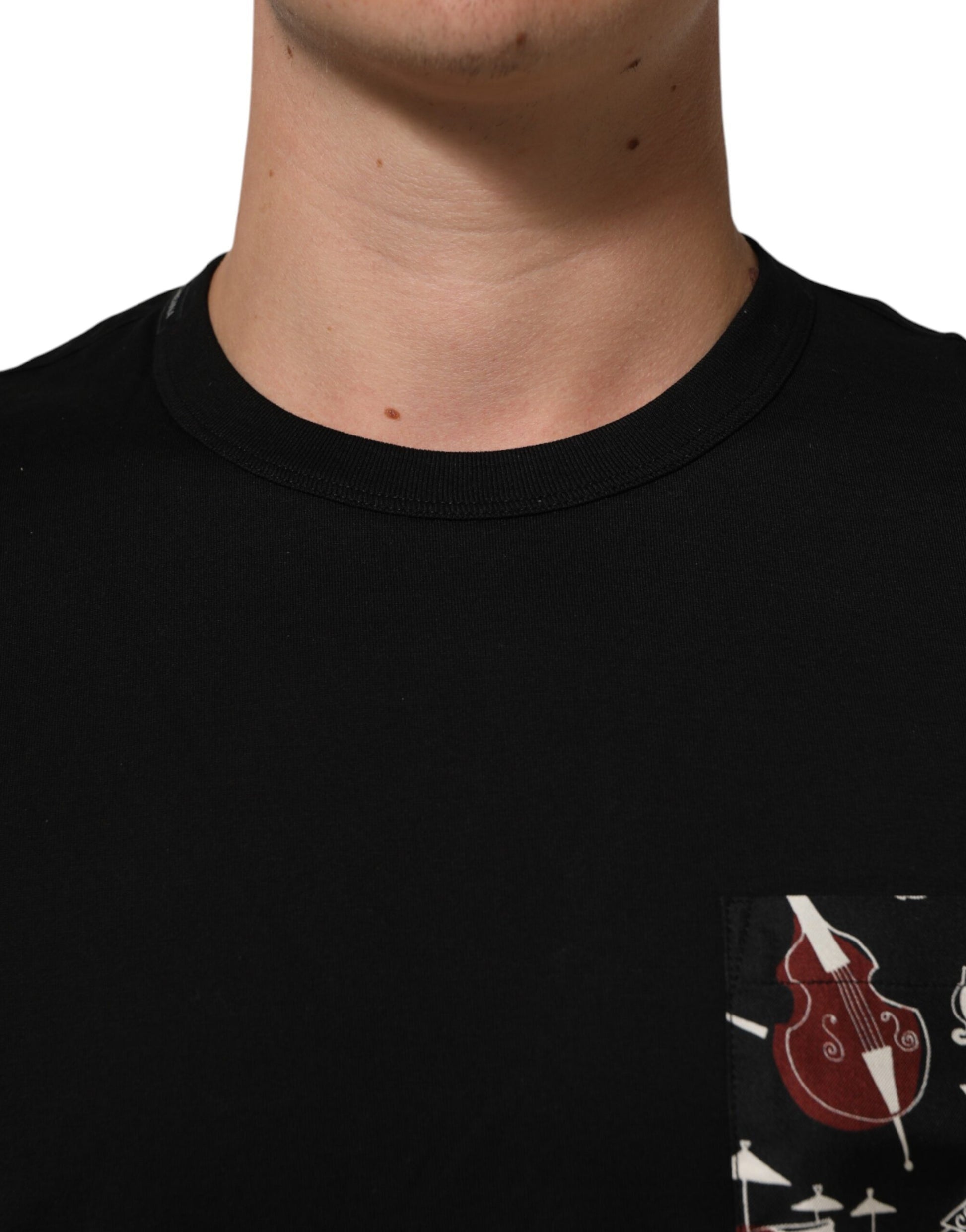 Black Musical Print Cotton Crew Neck T-shirt