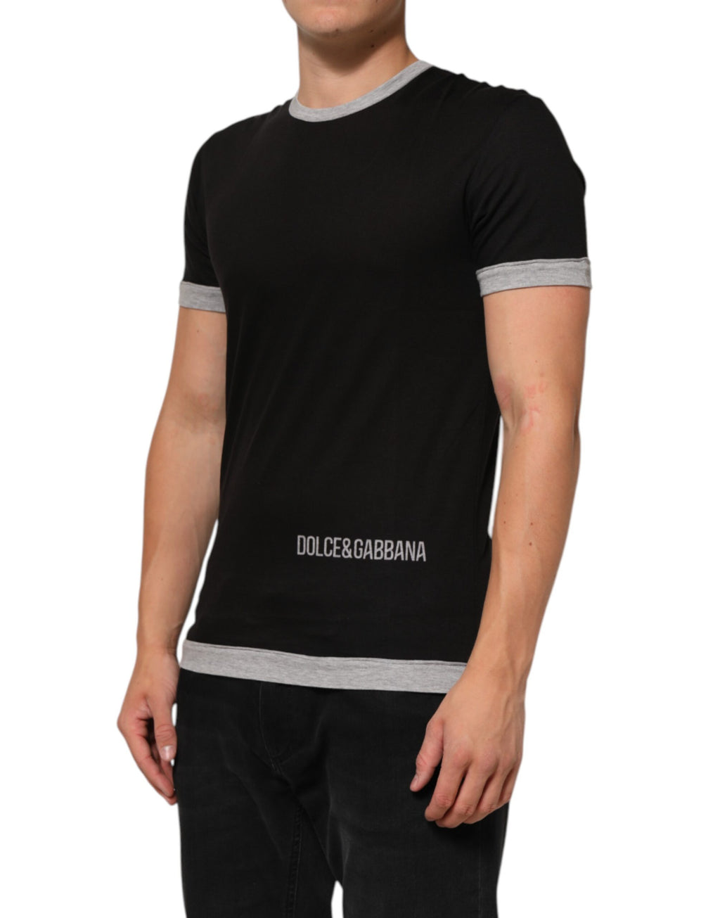Black Cotton Logo Print Men Crew Neck T-shirt